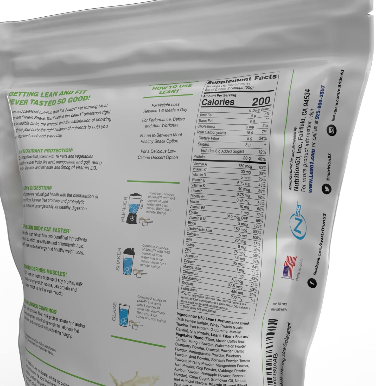 LEAN1 Vanilla Meal Replacement Protein Shake Powder, 80-Count