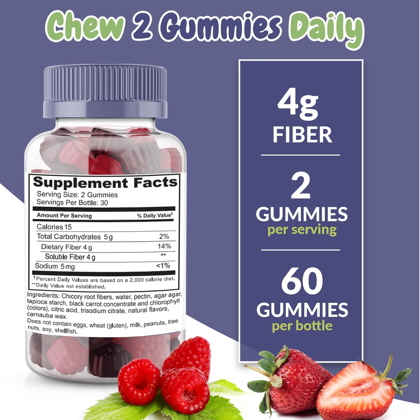 Health Supplied Mixed Berry Flavored Prebiotic Fiber Gummies, 60 Count