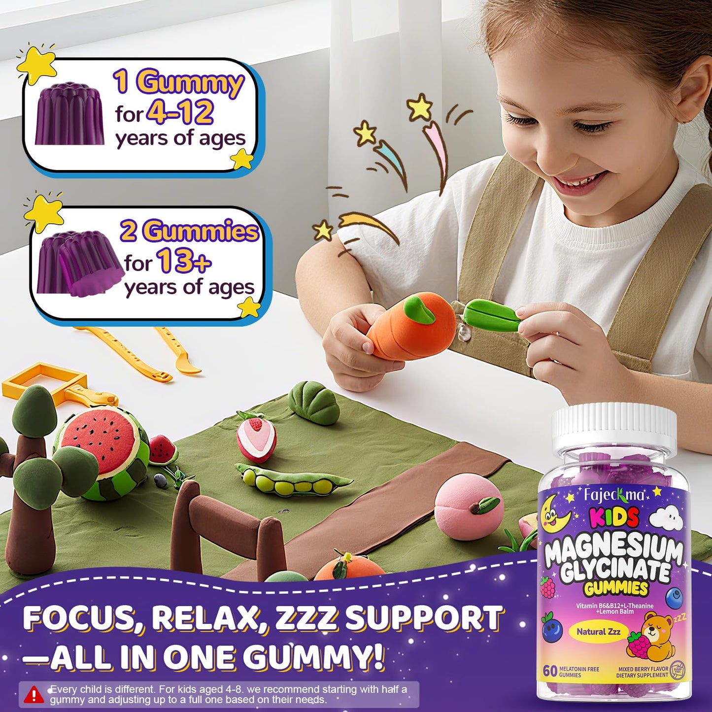 Fajeckma Magnesium Glycinate Gummies for Kids 4+ 120 Count