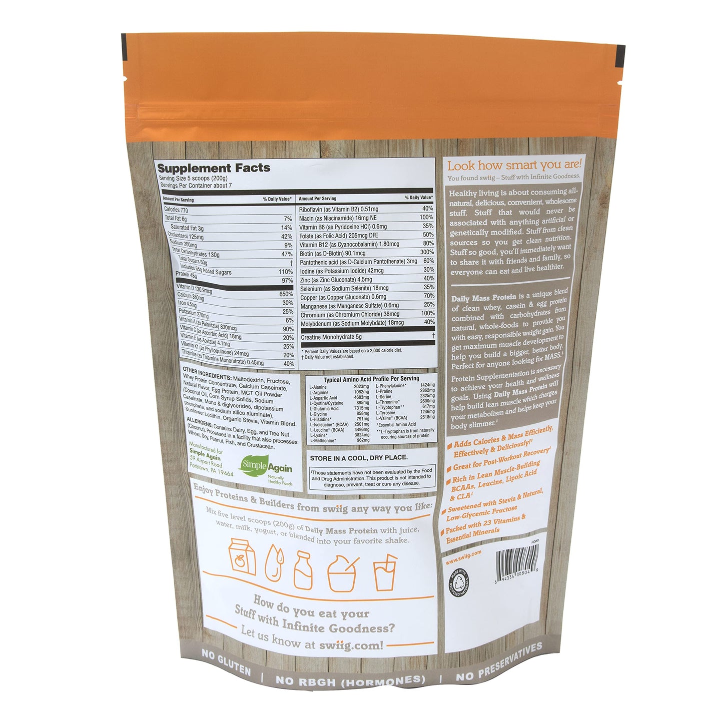 swiig Mass Builder Protein Powder Madagascar Vanilla 3.3 Pound Bag (52.8)