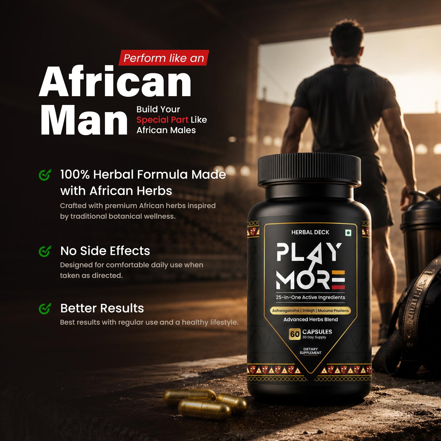 HERBAL DECK Play More Men's Herbal Supplement 60 Capsules