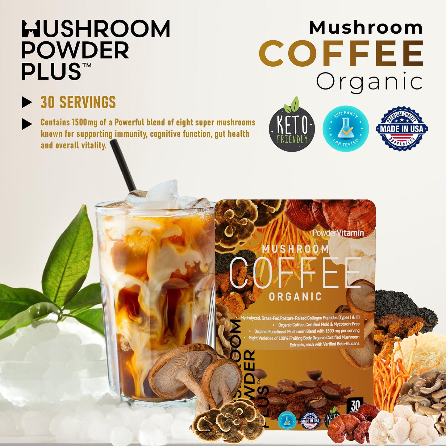 PowderVitamin Organic Mushroom Coffee with Grass-Fed Collagen Types I & III, 8 Fruiting Body Mushrooms, 8.5 Ounce Powder