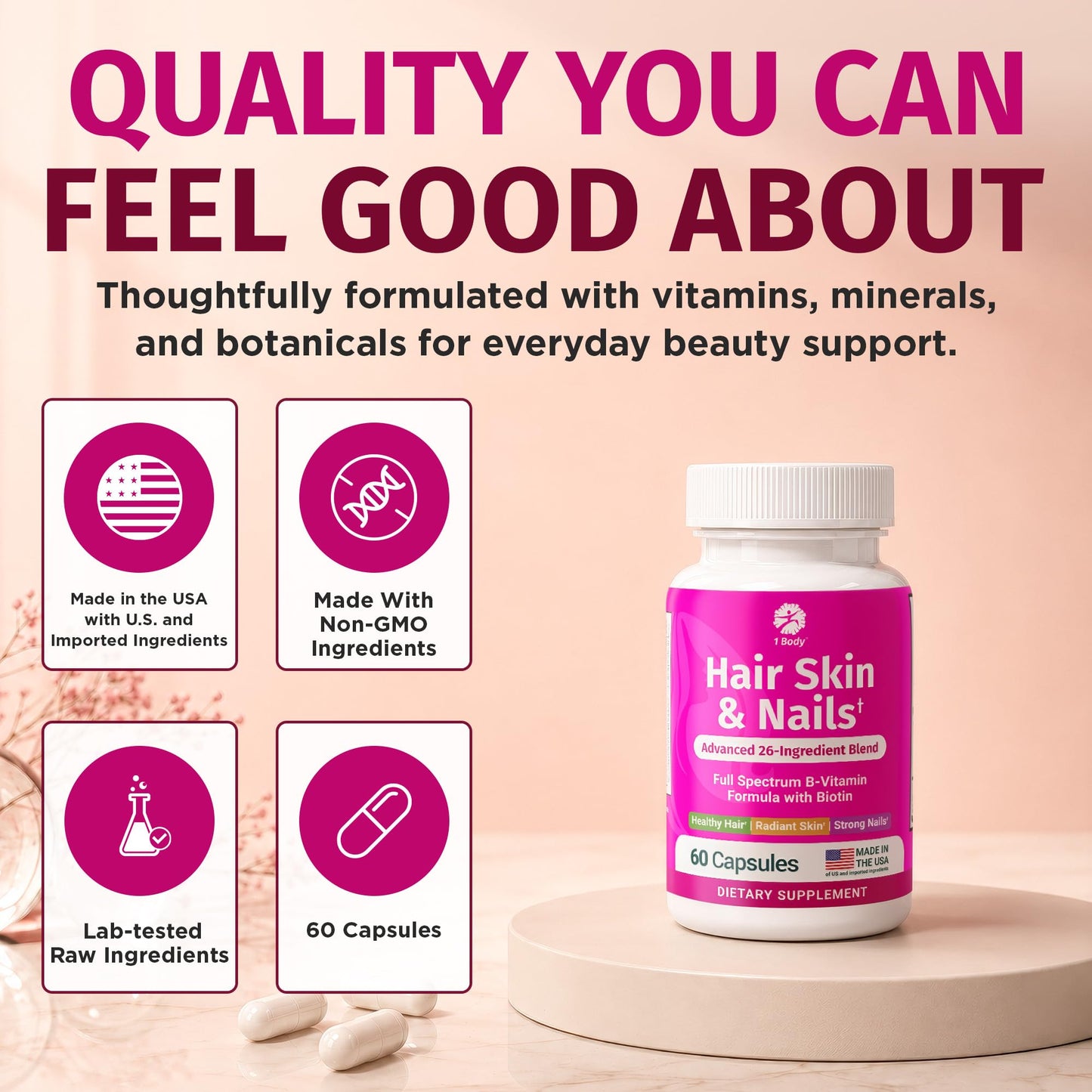 1 Body Hair Skin & Nails with Biotin, Vegan Vitamins Capsules, 180 Count