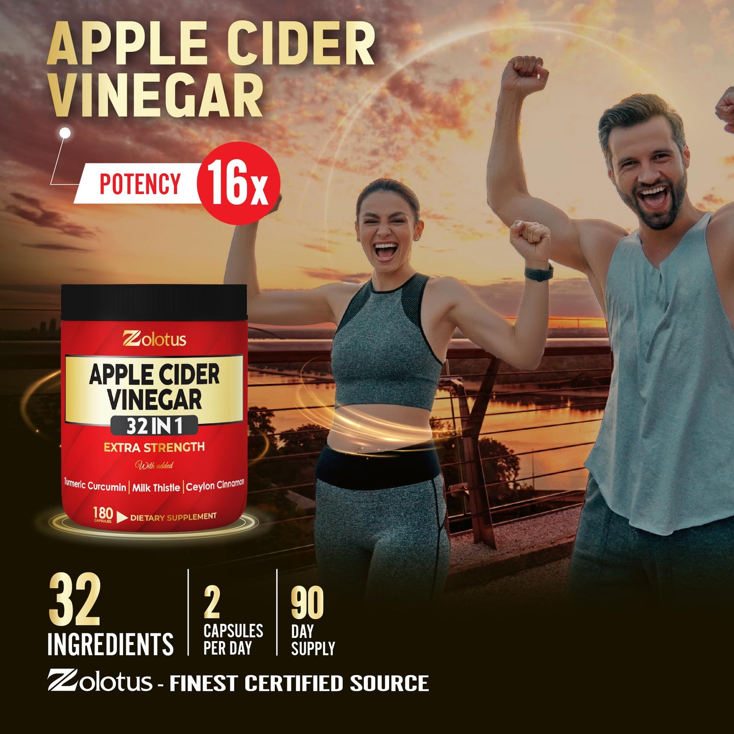 Zolotus 32in1 Apple Cider Vinegar Capsules with Turmeric, Cinnamon, Milk Thistle, Elderberry, Quercetin & More for Supports Digestion, Vitality, 180 Capsules