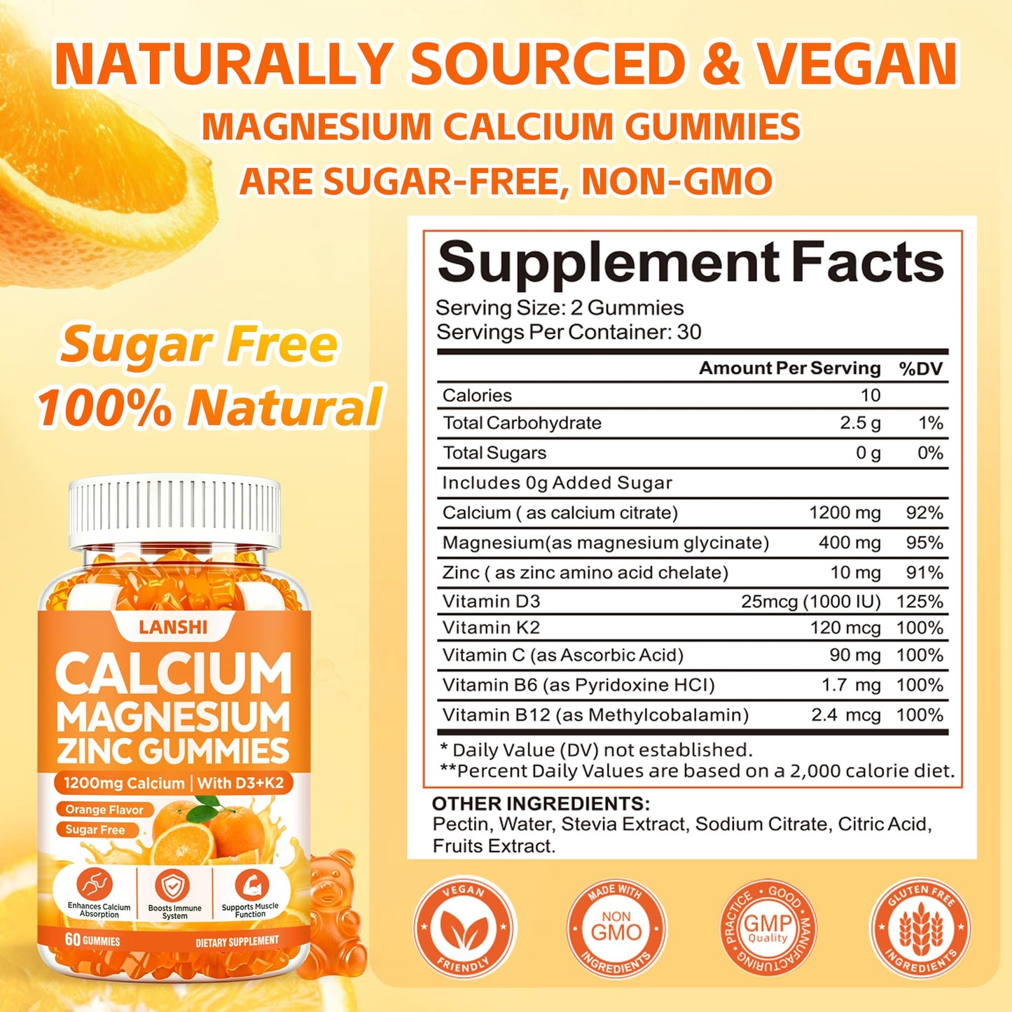 LANSHI Calcium Gummies 1200 mg with Vitamin D3, K2, B12, Magnesium & Zinc 60 Count