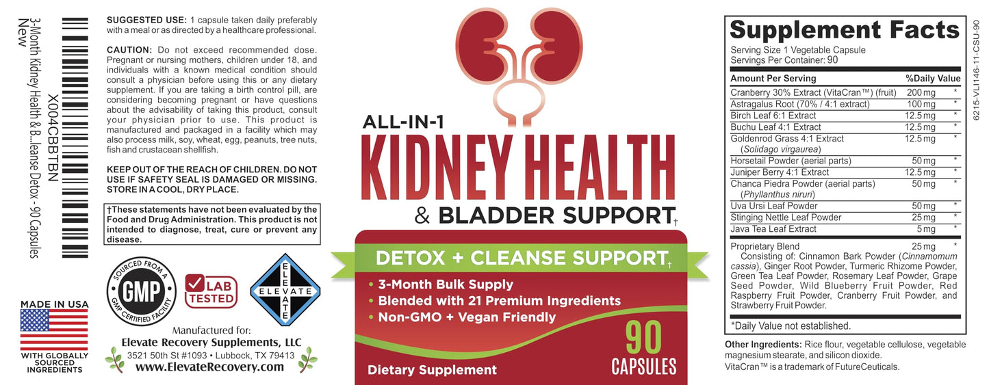 Elevate Recovery Supplements Kidney & Bladder Support 90 Capsules