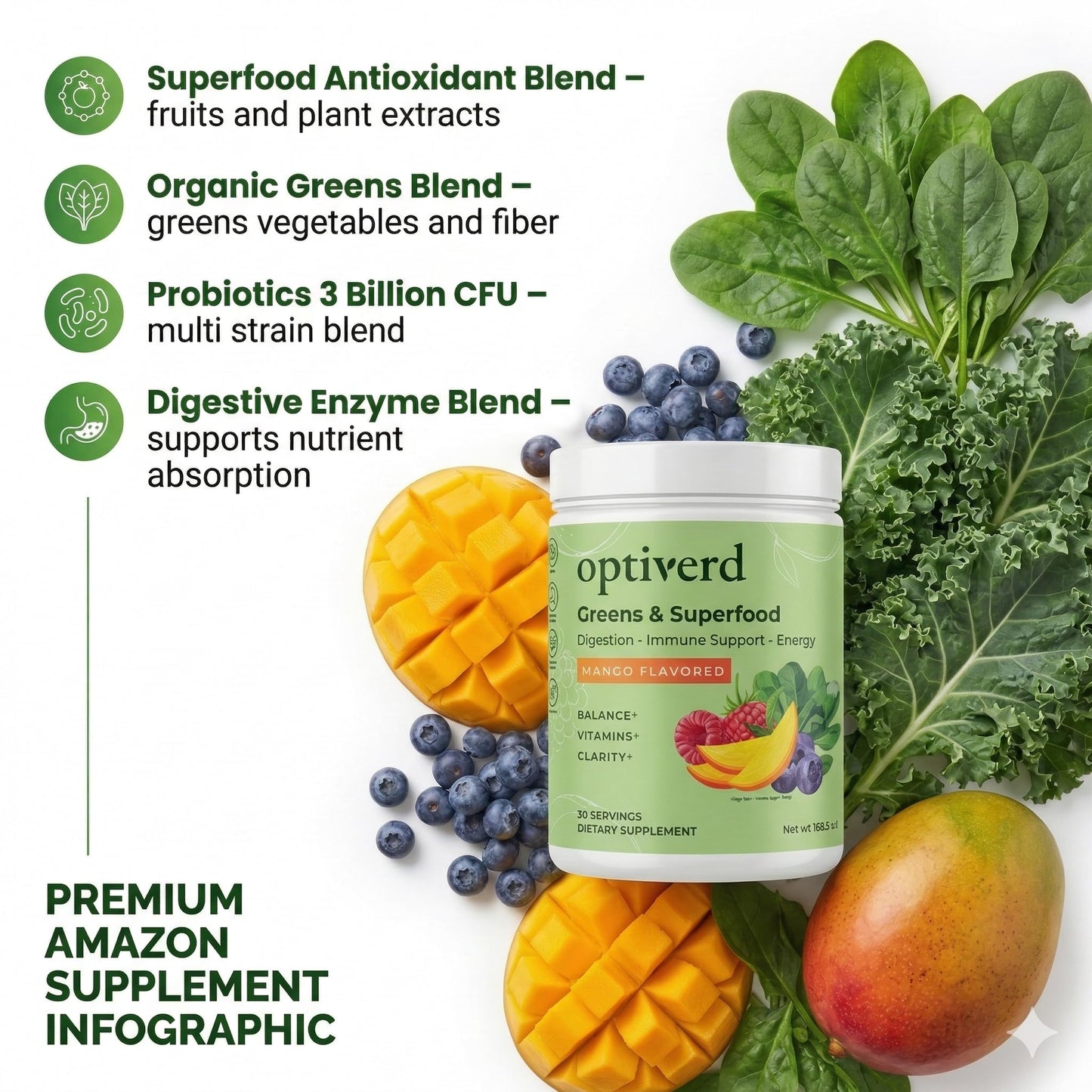 Optiverd Greens Superfood Powder with Probiotics & Enzymes – Mango Flavor – 27 Ounce