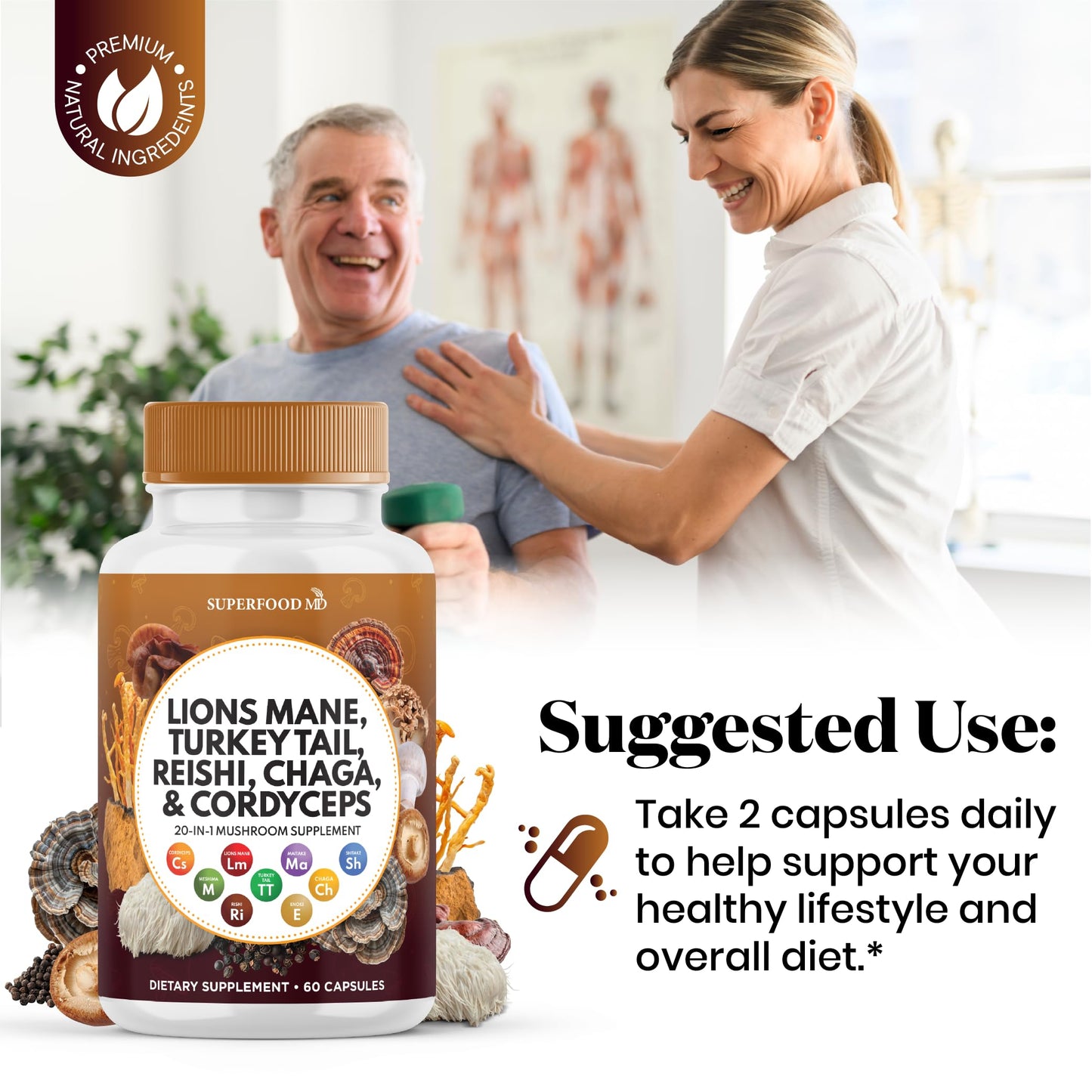 Superfood MD Lions Mane Mushroom Supplement with Turkey Tail Reishi Cordyceps Chaga with Marshmallow Root Capsules, 120 Count
