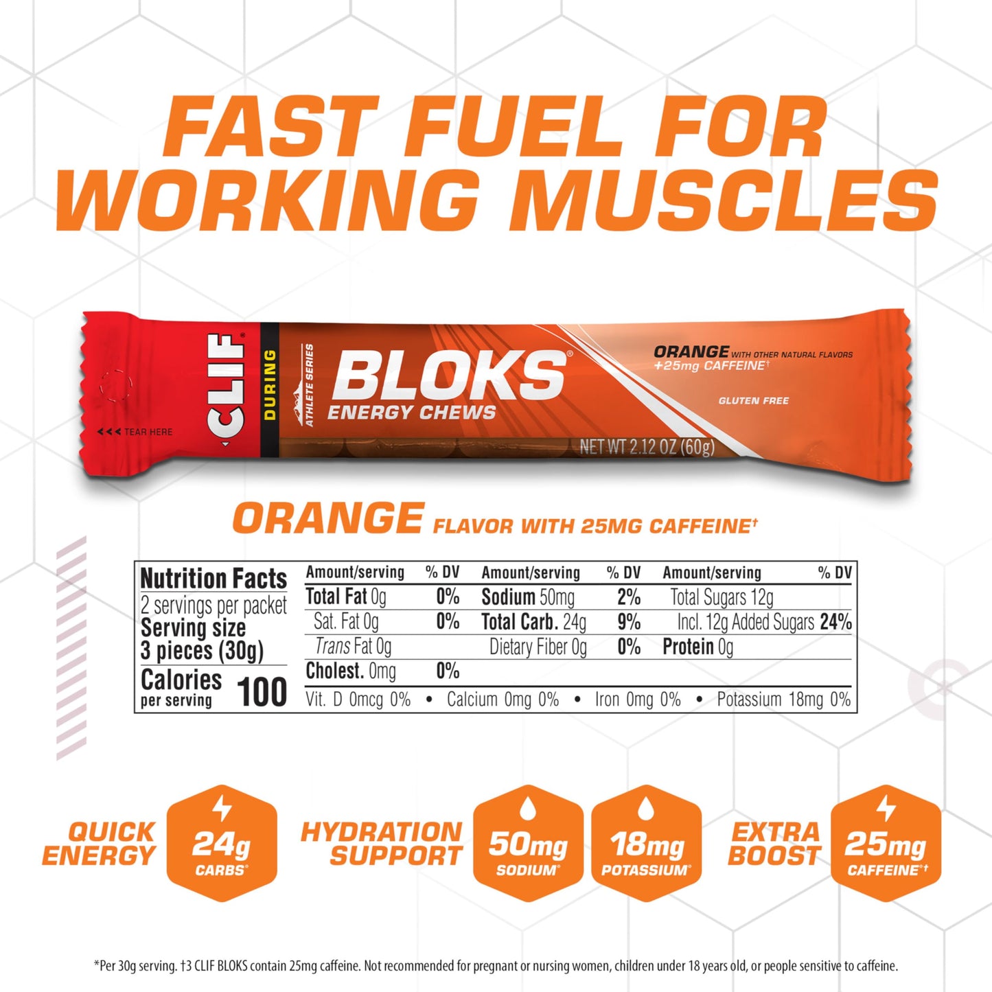 Clif Bloks Energy Chews, Orange Flavor with Caffeine, 18 Count