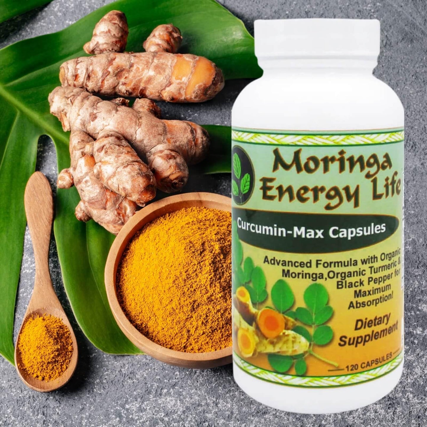 Moringa Energy Life Curcumin Max Turmeric Plus Moringa Capsules with Black Pepper, 120 Count