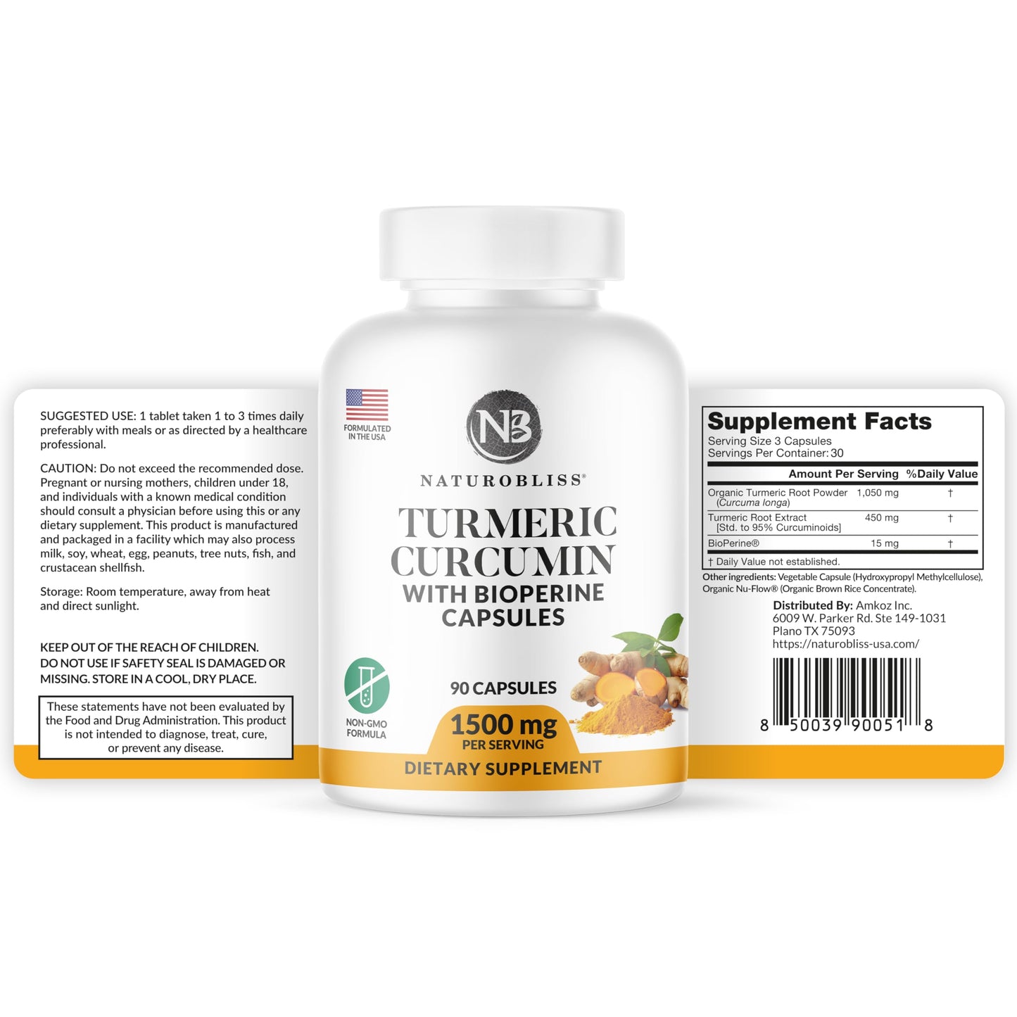 NaturoBliss Turmeric Curcumin with BioPerine 1500mg, 90 Capsules