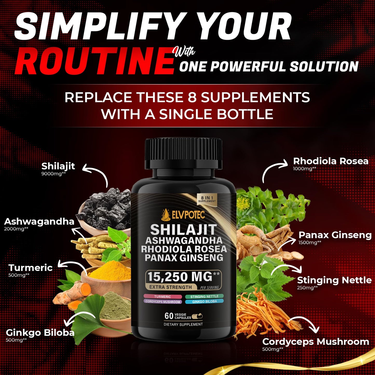 ELVPOTEC Shilajit & Adaptogen Capsule Complex, 60 Capsules