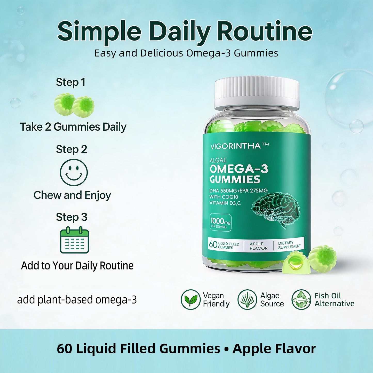 Vigorintha Vegan Omega-3 Gummies 1000mg with CoQ10, Vitamin D3, E, C, Plant-Based DHA 550mg & EPA 275mg, Sugar Free, 60 Gummies