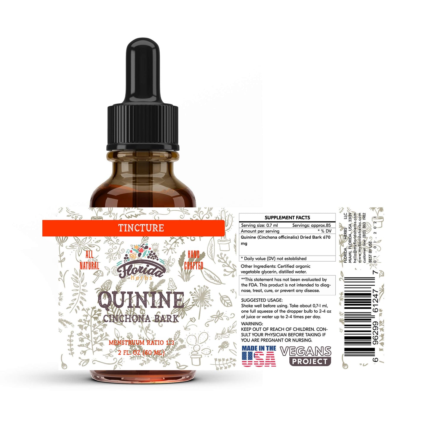 Florida Herbs Quinine Tincture Extract Liquid, Quinine (Cinchona officinalis) Dried Bark Herbal Supplement, 2 Fl Oz