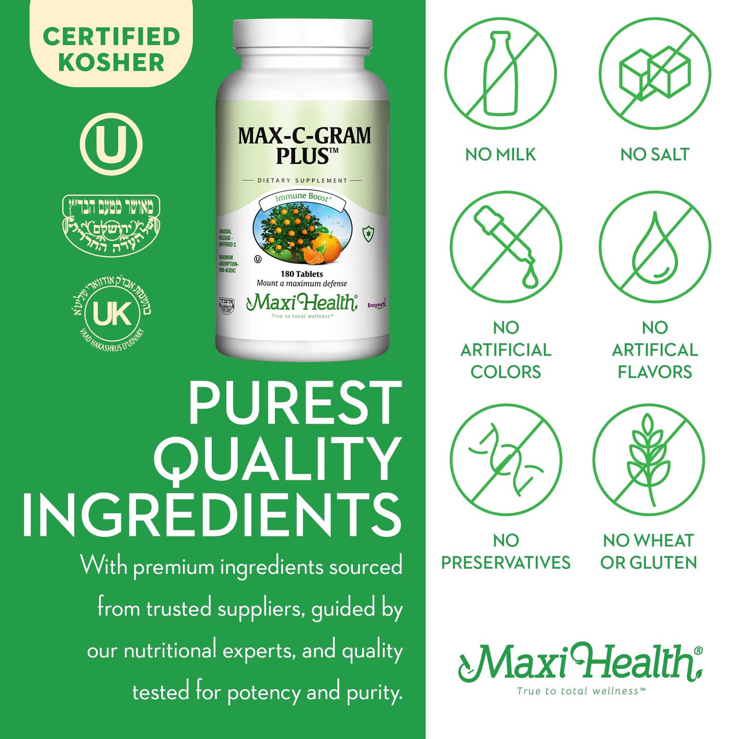 Maxi Health Vitamin C 1050mg – Buffered C Complex with Calcium Ascorbate & Bioflavonoids – 90 Tablets