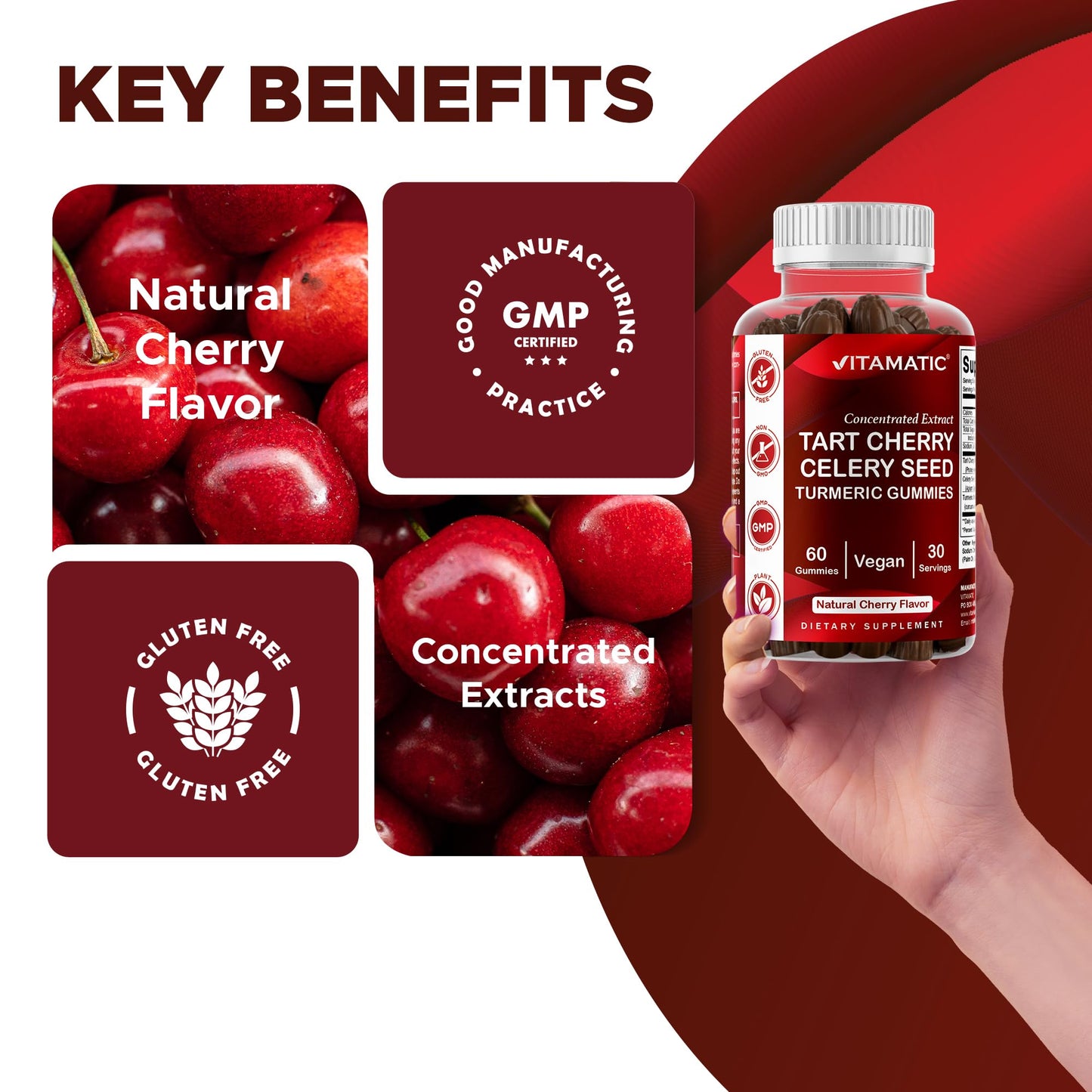Vitamatic Tart Cherry with Celery Seed & Turmeric Gummies, Gummy, 60 Count