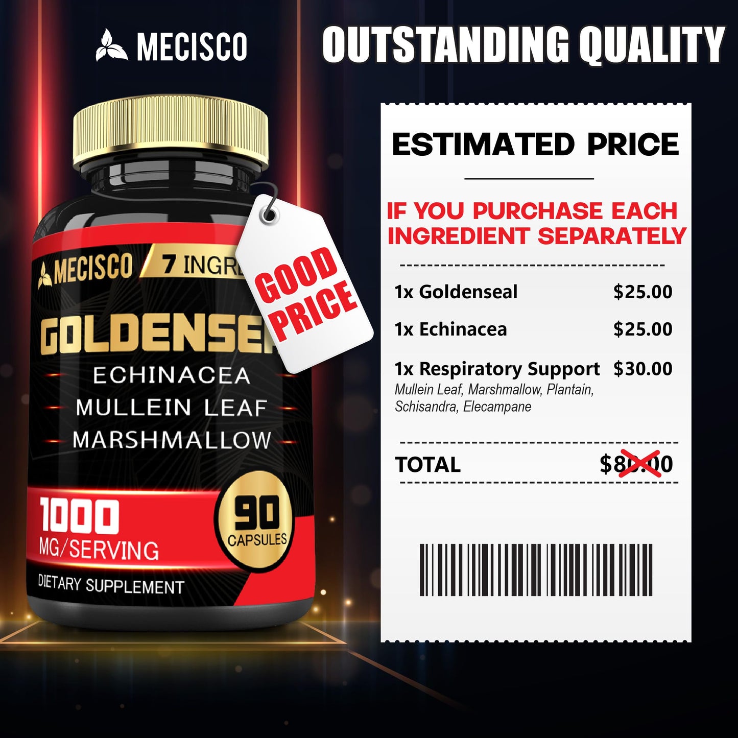 Mecisco Goldenseal Root Capsule with Echinacea, Mullein Leaf, Plantain & More, 90 Count
