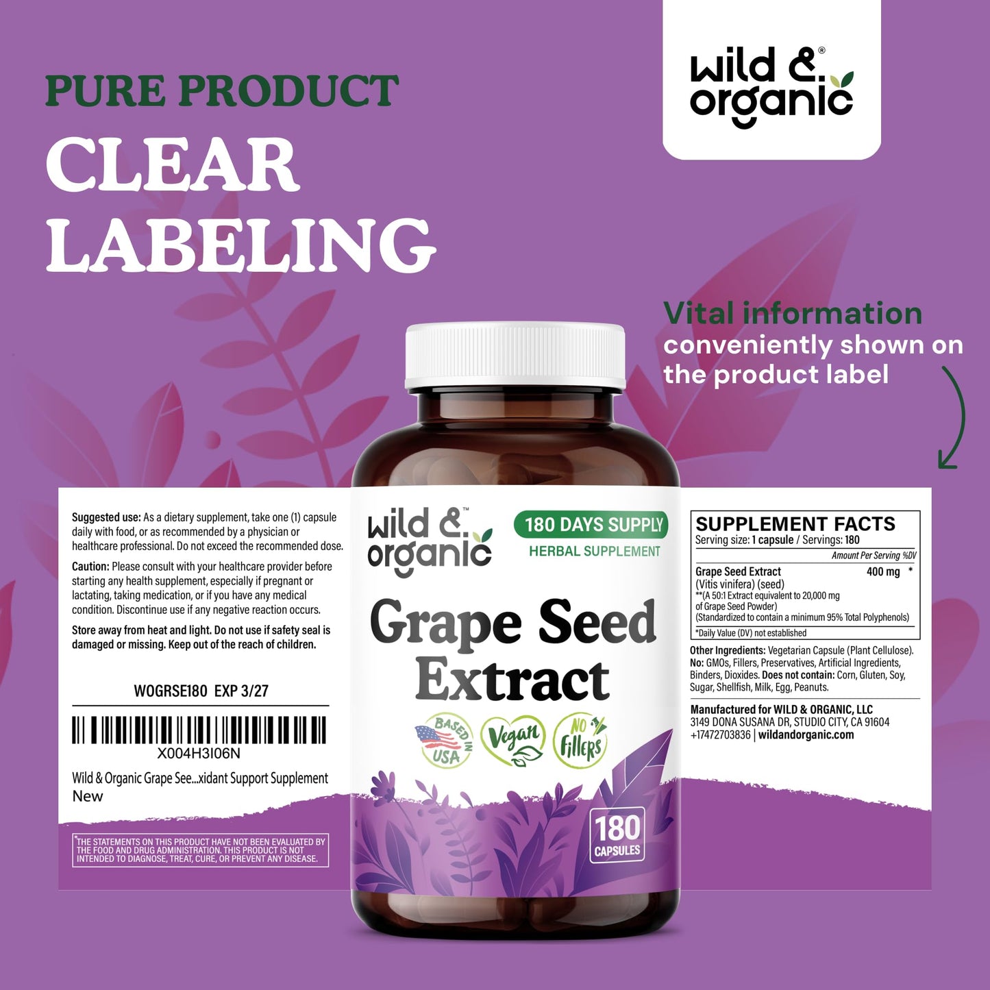 Wild & Organic Grape Seed Extract Capsules 400 mg - 95% Polyphenols, 180 Vegan Capsules