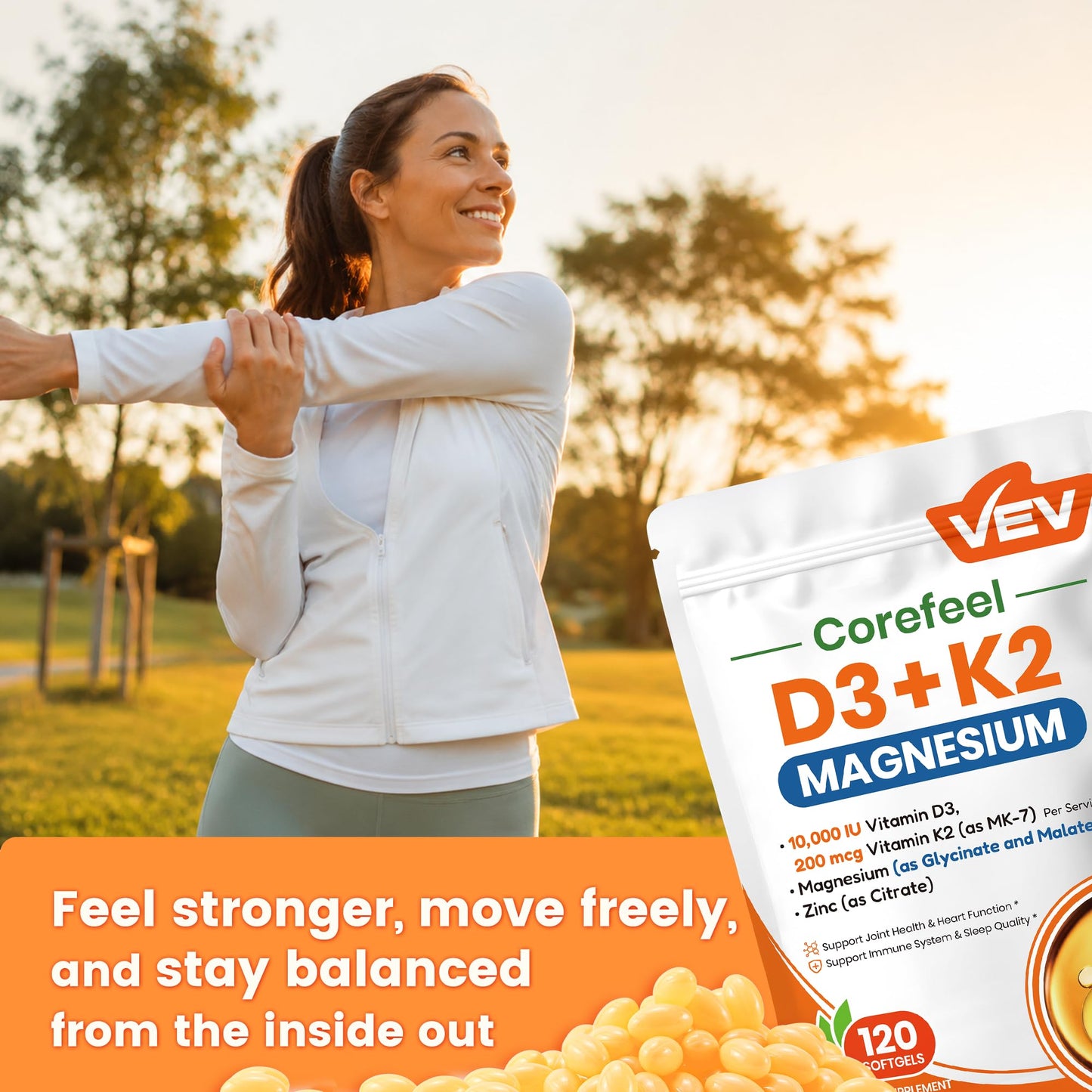 VEV Corefeel Vitamin D3 K2 Magnesium Supplement Softgels 120 Count