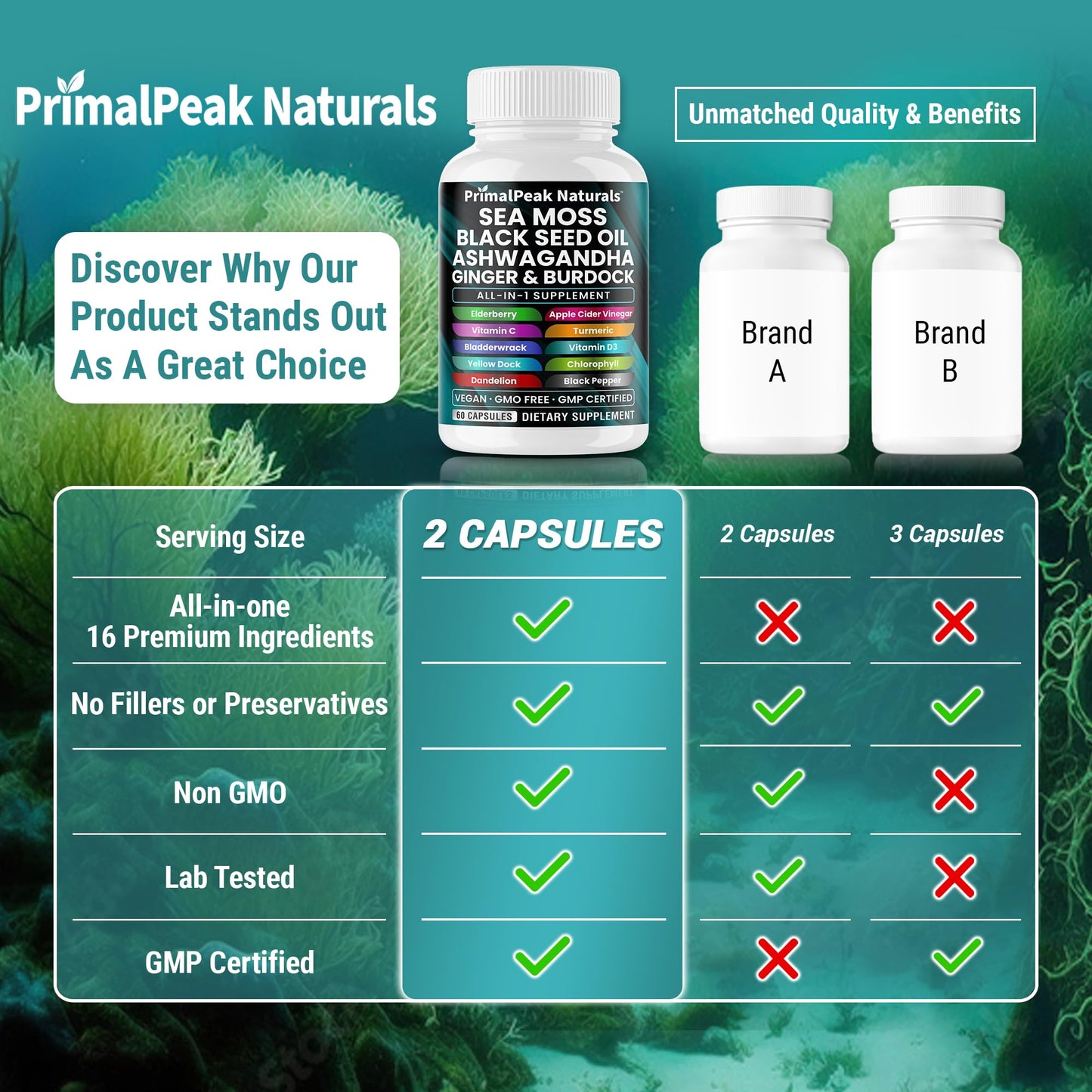 PrimalPeak Naturals Sea Moss Black Seed Oil Ashwagandha Ginger Burdock Bladderwrack Turmeric & Vitamin C Vitamin D3 with ACV Elderberry Chlorophyll Dandelion Yellow Dock Vegan Capsules - 120 Count
