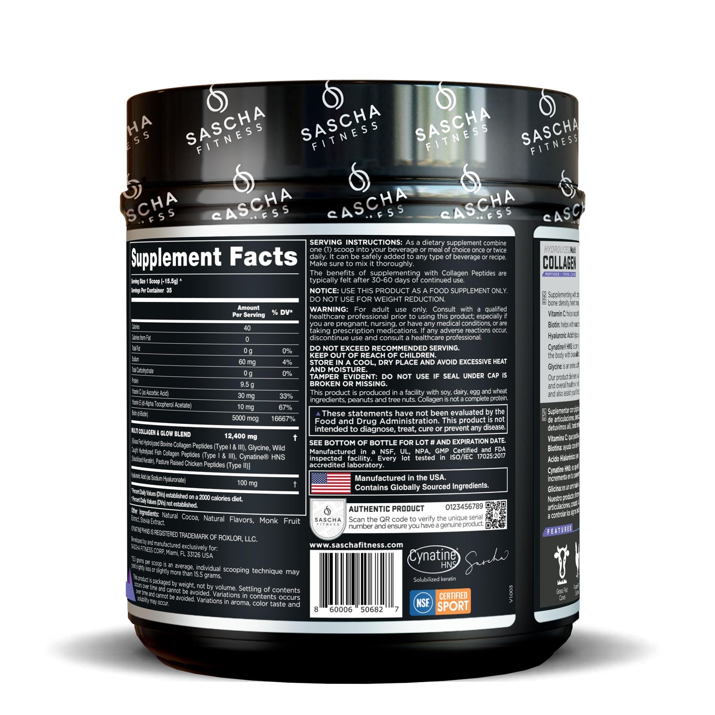 SASCHA FITNESS Hydrolyzed Multi Collagen Peptides Type 1, 2 & 3 Powder, 17.28 oz
