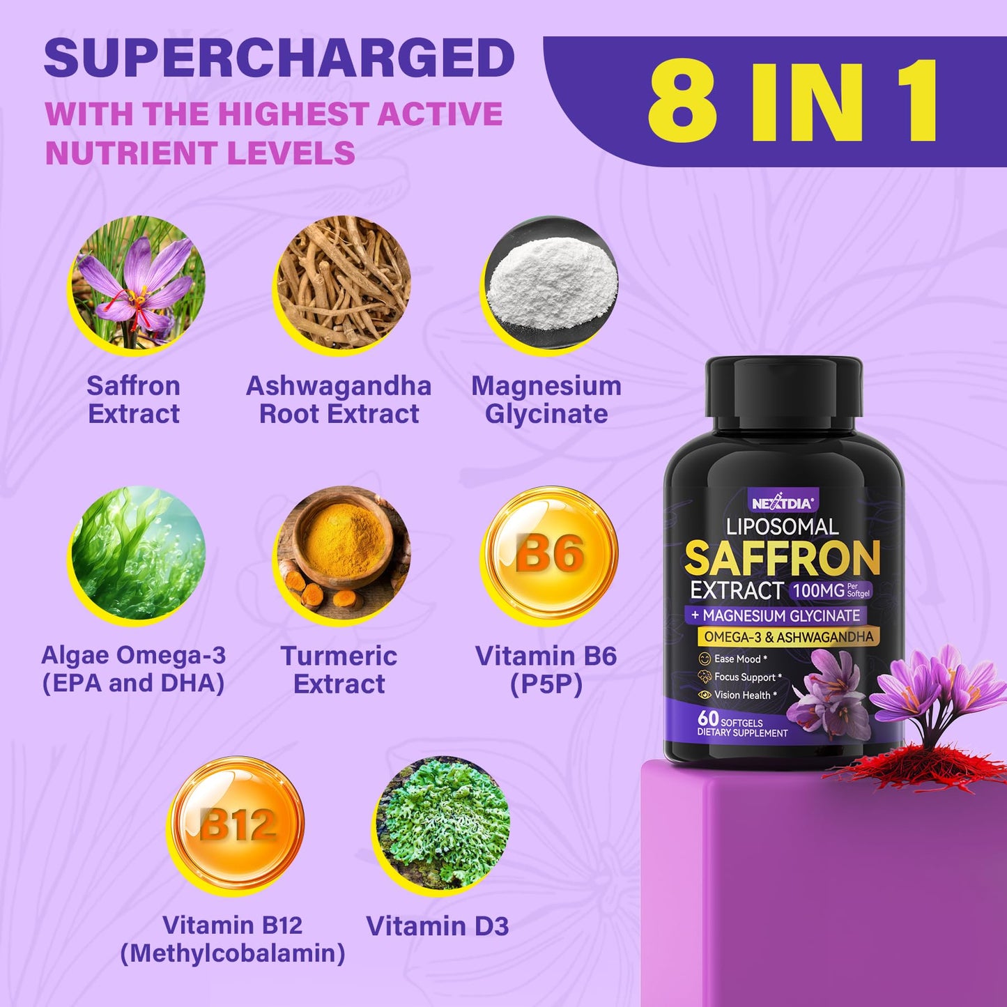 Nextdia Saffron Supplements Liposomal High Absorption 100% Pure Saffron Extract 100mg Softgel 58 Count