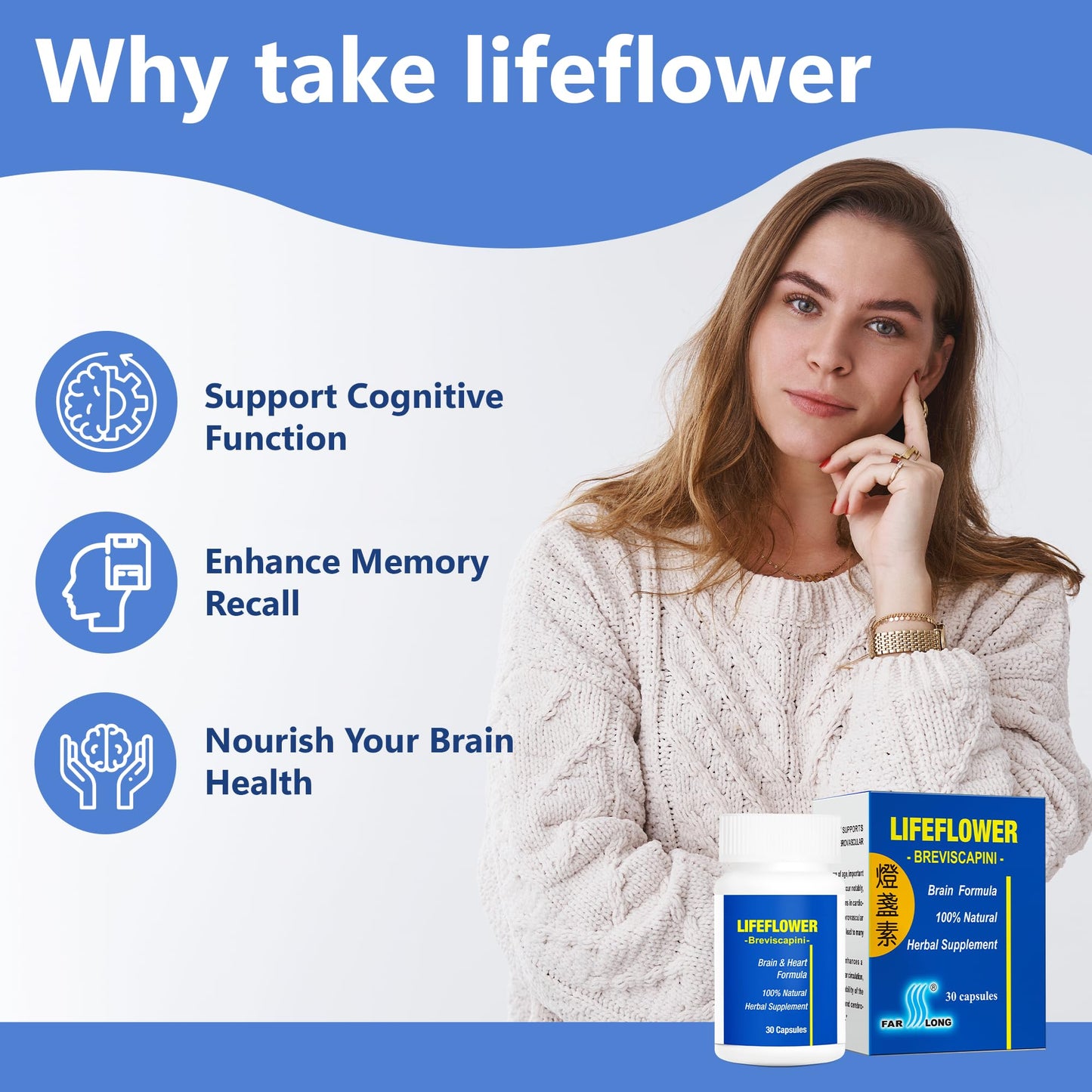 FAR LONG Lifeflower 100% All Natural Youthful Brain Herbal Supplement Capsule, 30 Capsules