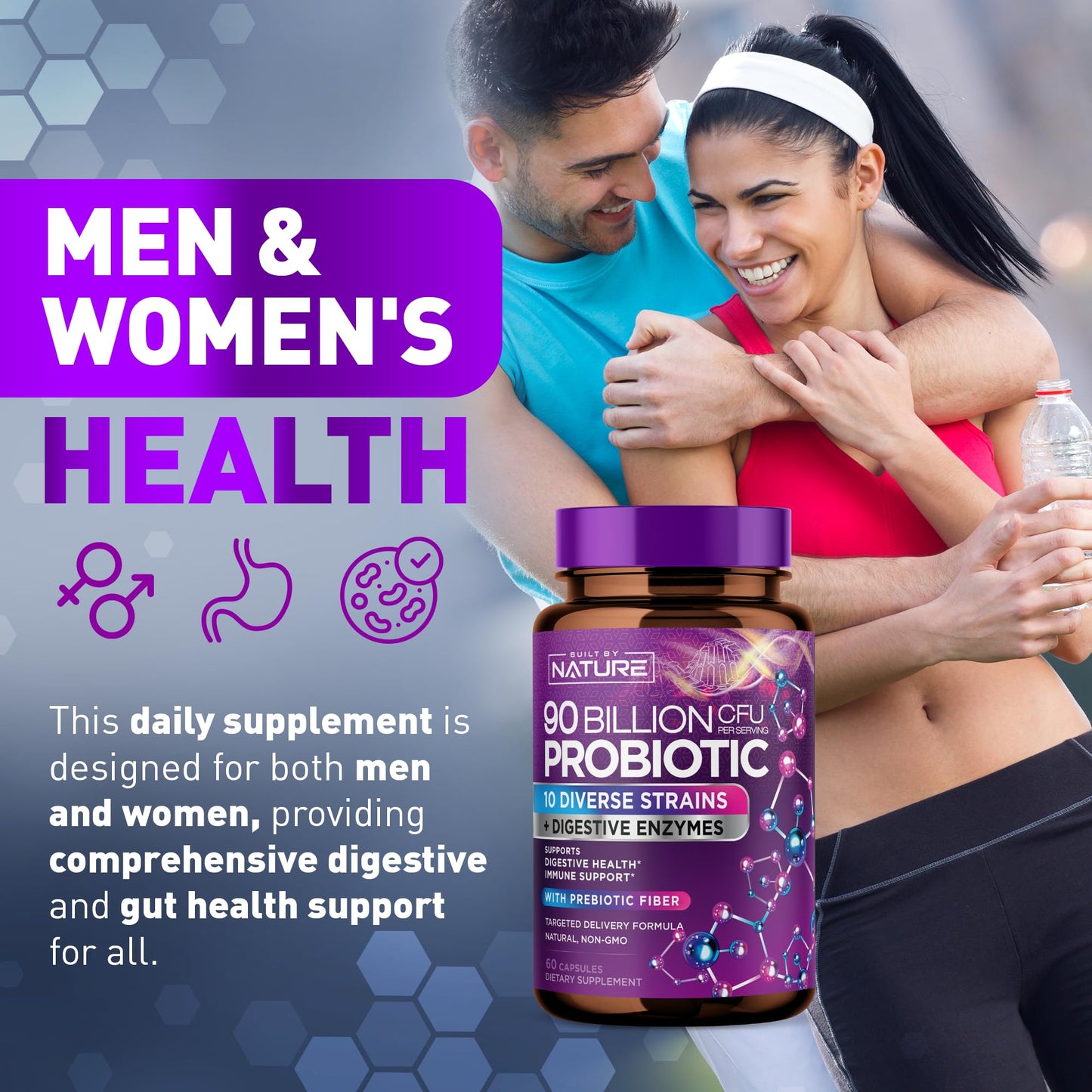 Built by Nature 100 Billion CFU Probiotic Daily Digestive Gut Health Supplement with Lactobacillus acidophilus, Bifidobacterium & Prebiotics - Capsule, 60 Count