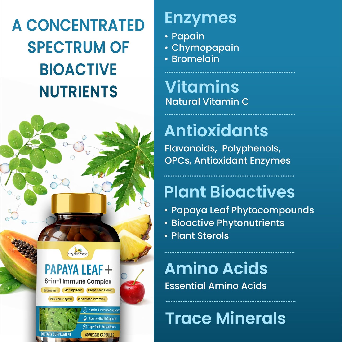 Organic Veda Papaya Leaf + Supplement - 8 in 1 Immune & Platelet Complex with Papain, Papaya Leaf Extract 800 mg, Bromelain, Vitamin C, Grape Seed & Moringa for Bone Marrow & Gut Health, 60 Capsules