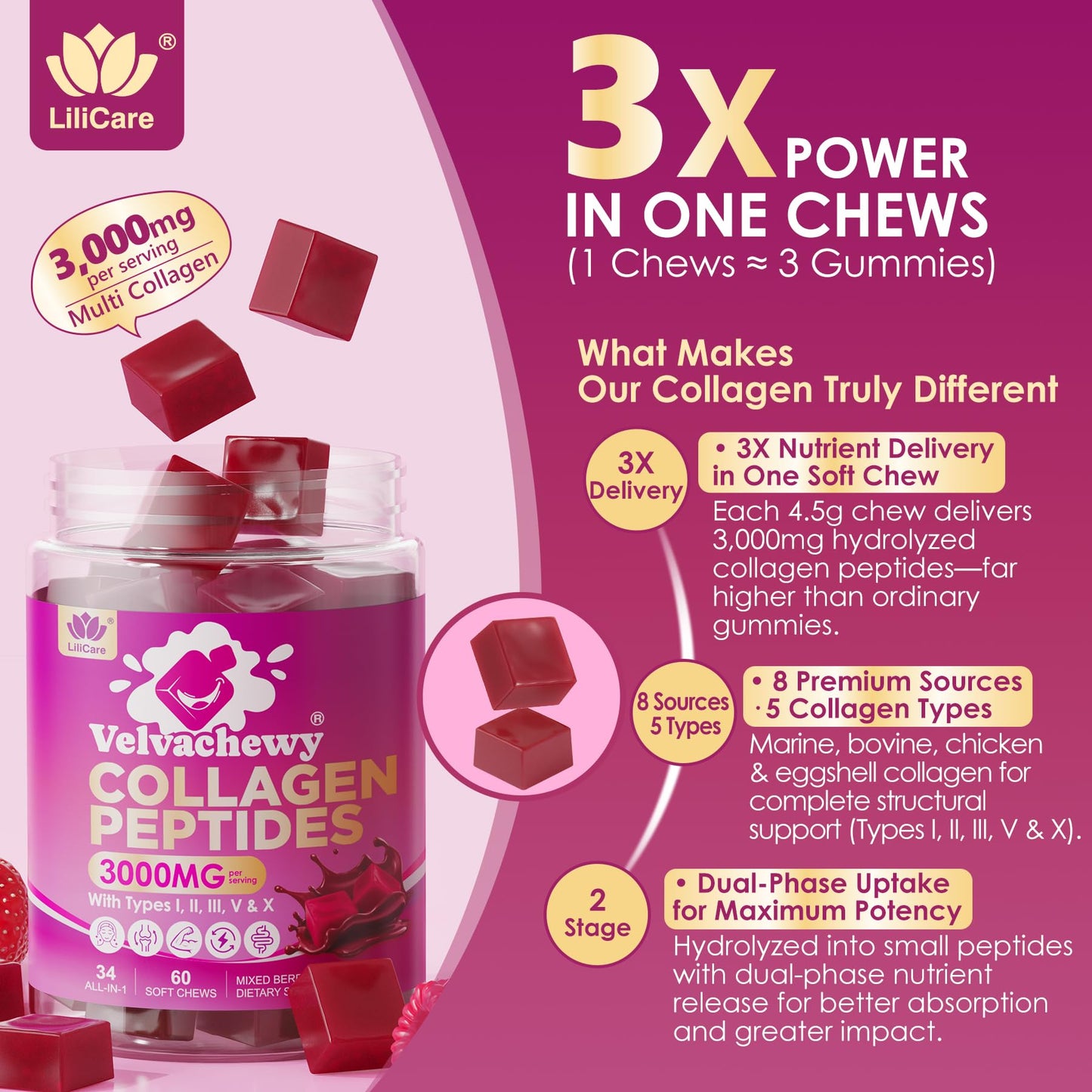 LILICARE Collagen Gummies + Biotin Soft Chews 3000mg, Chewable, 60 Count