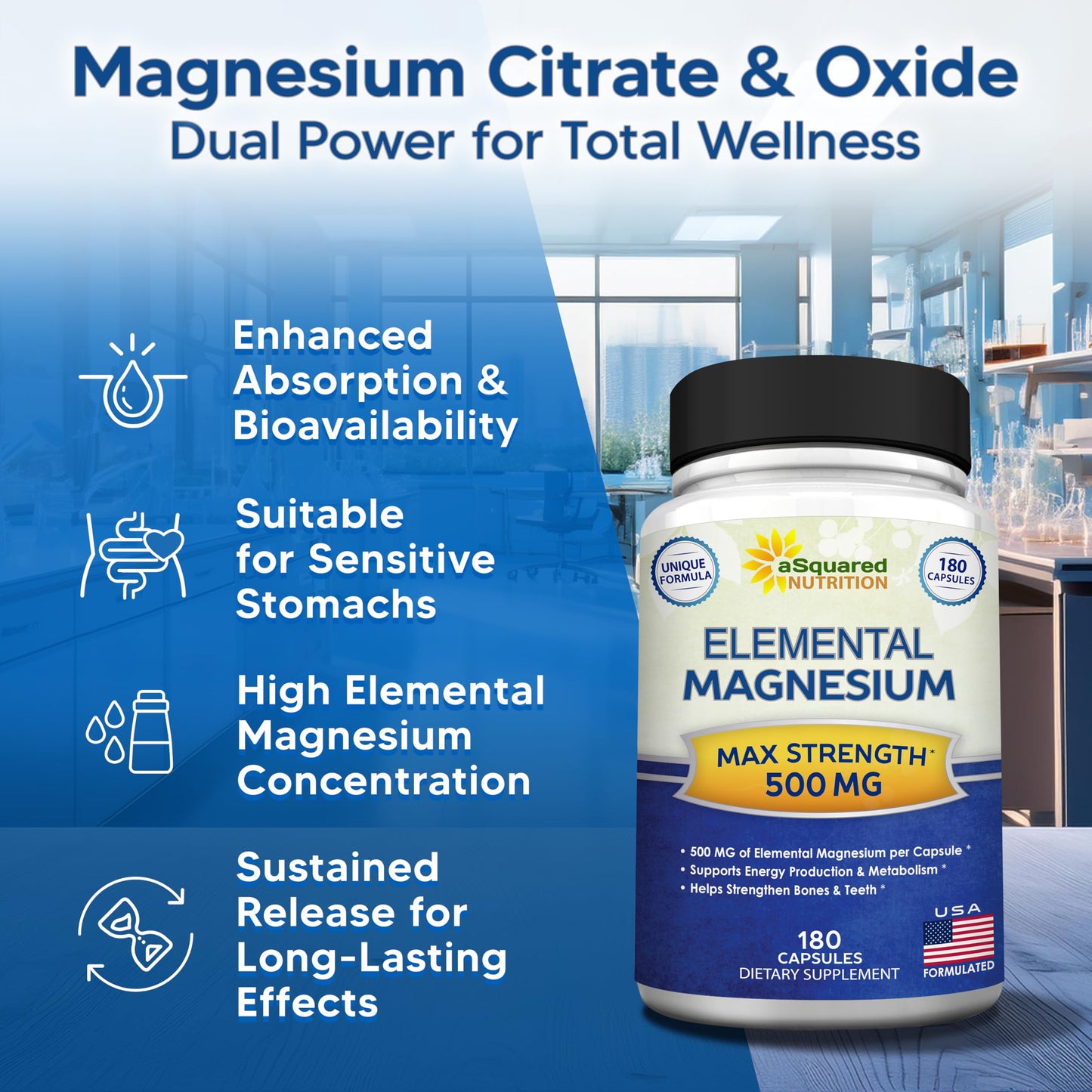 aSquared Nutrition Proprietary Magnesium 500mg – High Absorption Magnesium Citrate & Oxide Capsules, 180 Count