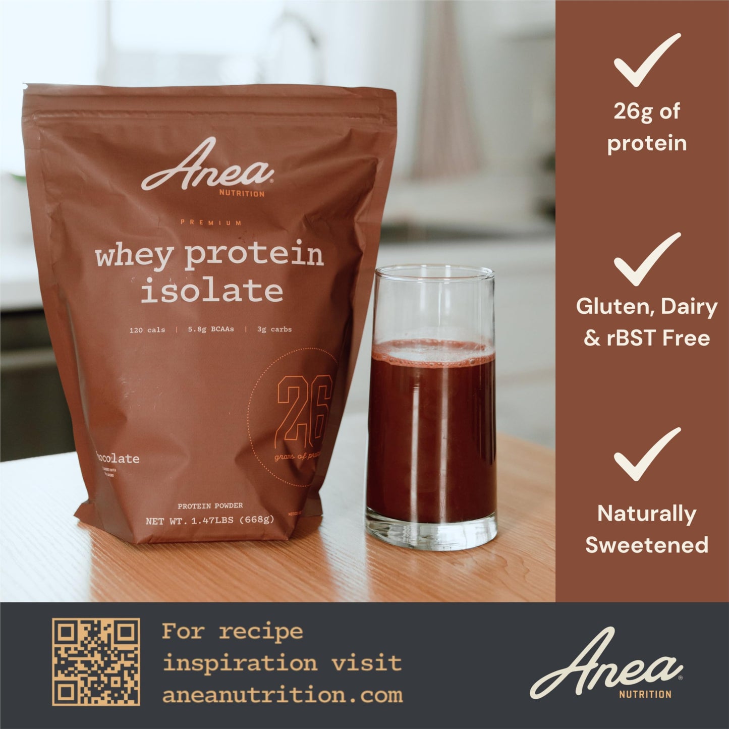 Anea Nutrition Whey Protein Isolate Powder, Chocolate, 1.47 lb