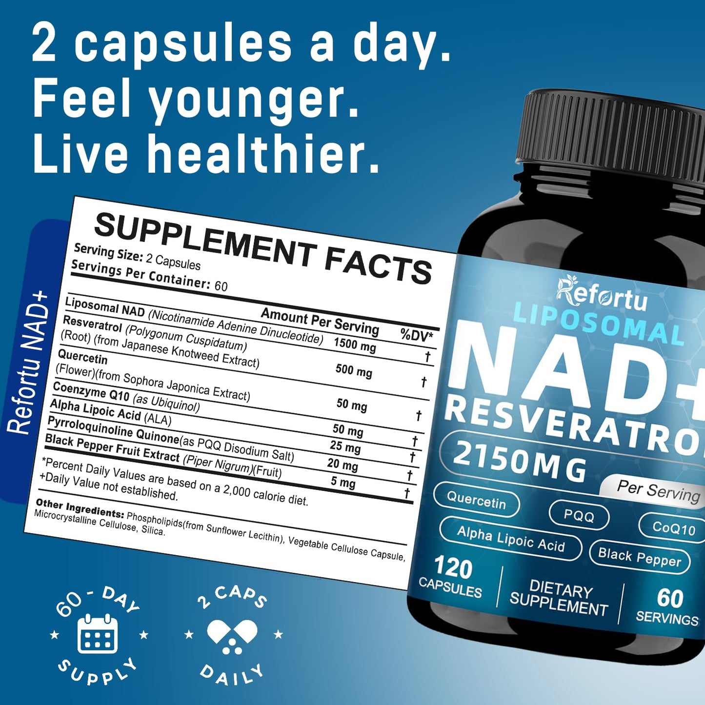 Refortu Liposomal NAD Supplement 2150mg with Resveratrol, 120 Capsules