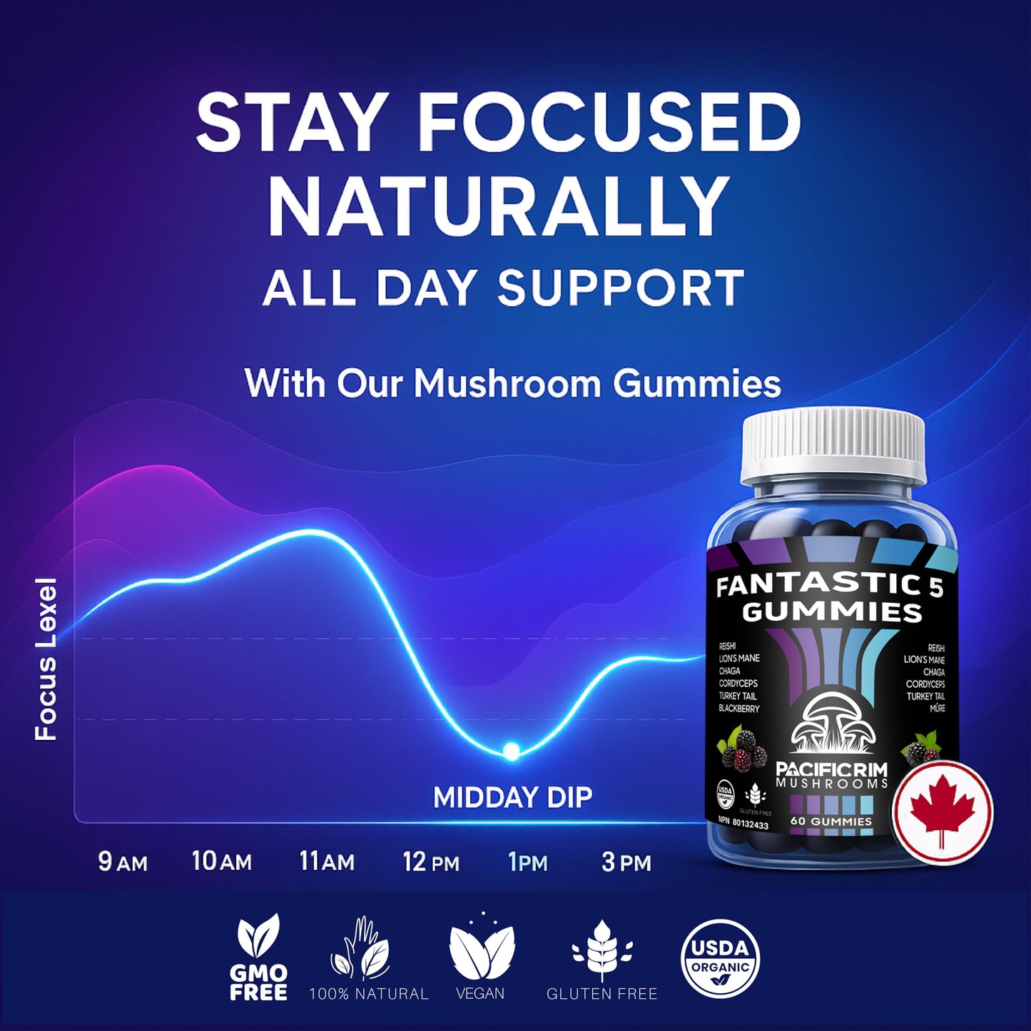 Pacific Rim Mushrooms Fantastic 5 Organic Mushroom Gummies, 60 Gummies