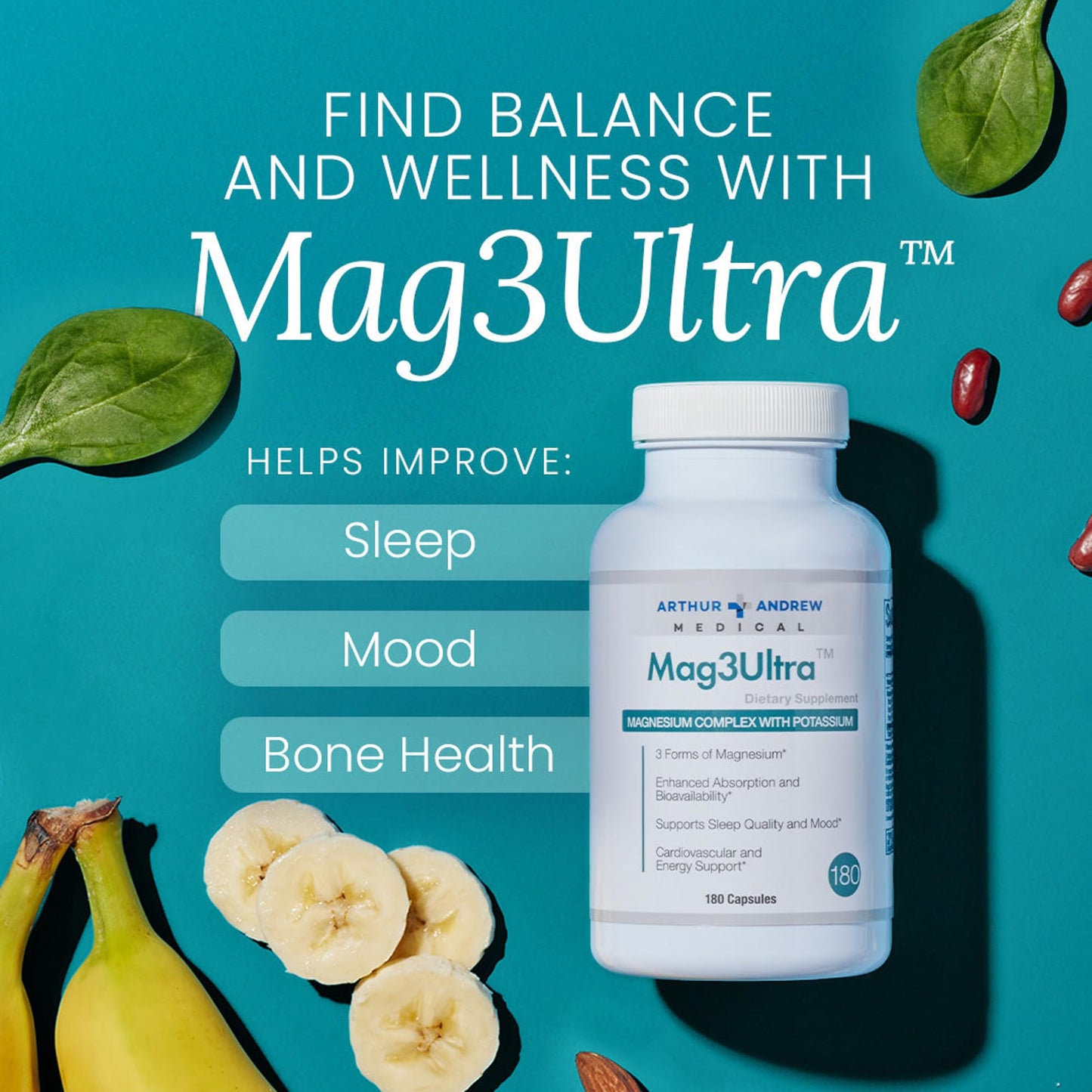 Arthur Andrew Medical Mag3Ultra Triple Magnesium Supplement Sucrosomial Bisglycinate Taurate Capsules, 180 Count