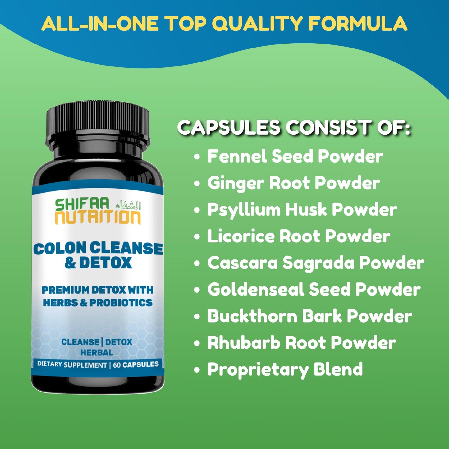 SHIFAA NUTRITION Premium Colon Cleanse & Herbal Detox Capsules, 60 Capsules