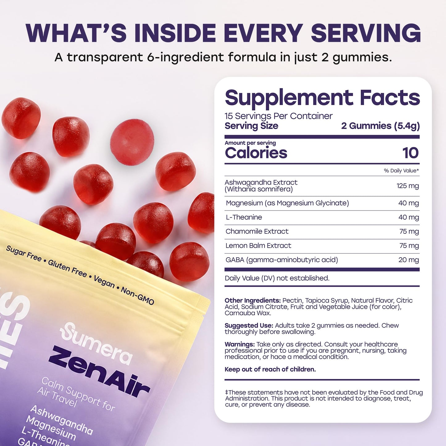 Sumera Calming Travel Gummies Jet Lag Relief, GABA, L-Theanine, Ashwagandha, Lemon Balm & Magnesium, Sugar Free, 30 Gummies