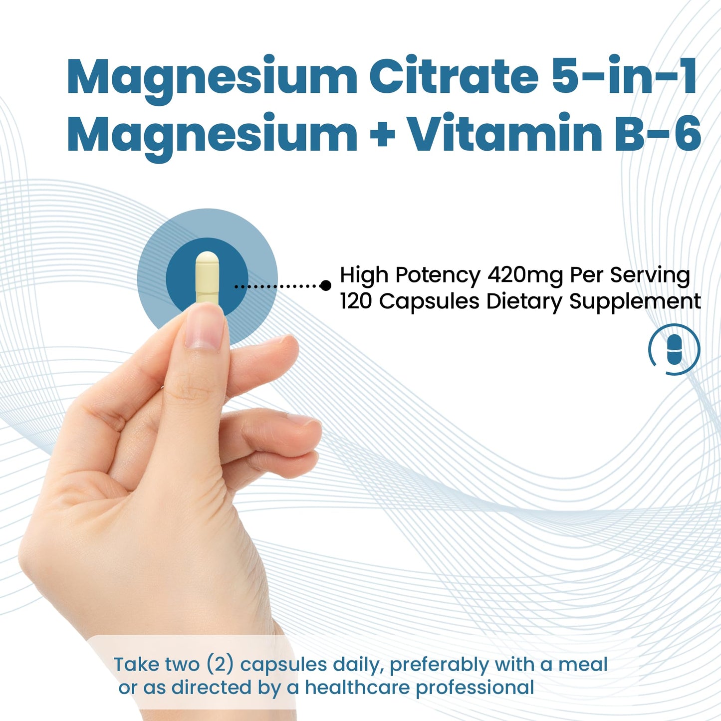NoMiLu 5-in-1 Magnesium Complex 420mg with Vitamin B6, Chelated Glycinate, Malate, Citrate, Taurate & Oxide, High Absorption, 120 Capsules