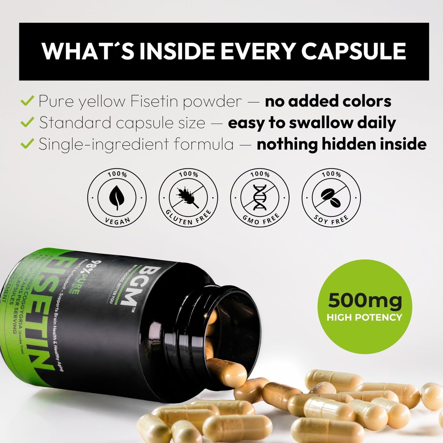 BGM Better Goods, Better You Fisetin 500mg Supplement Capsule 30 Count