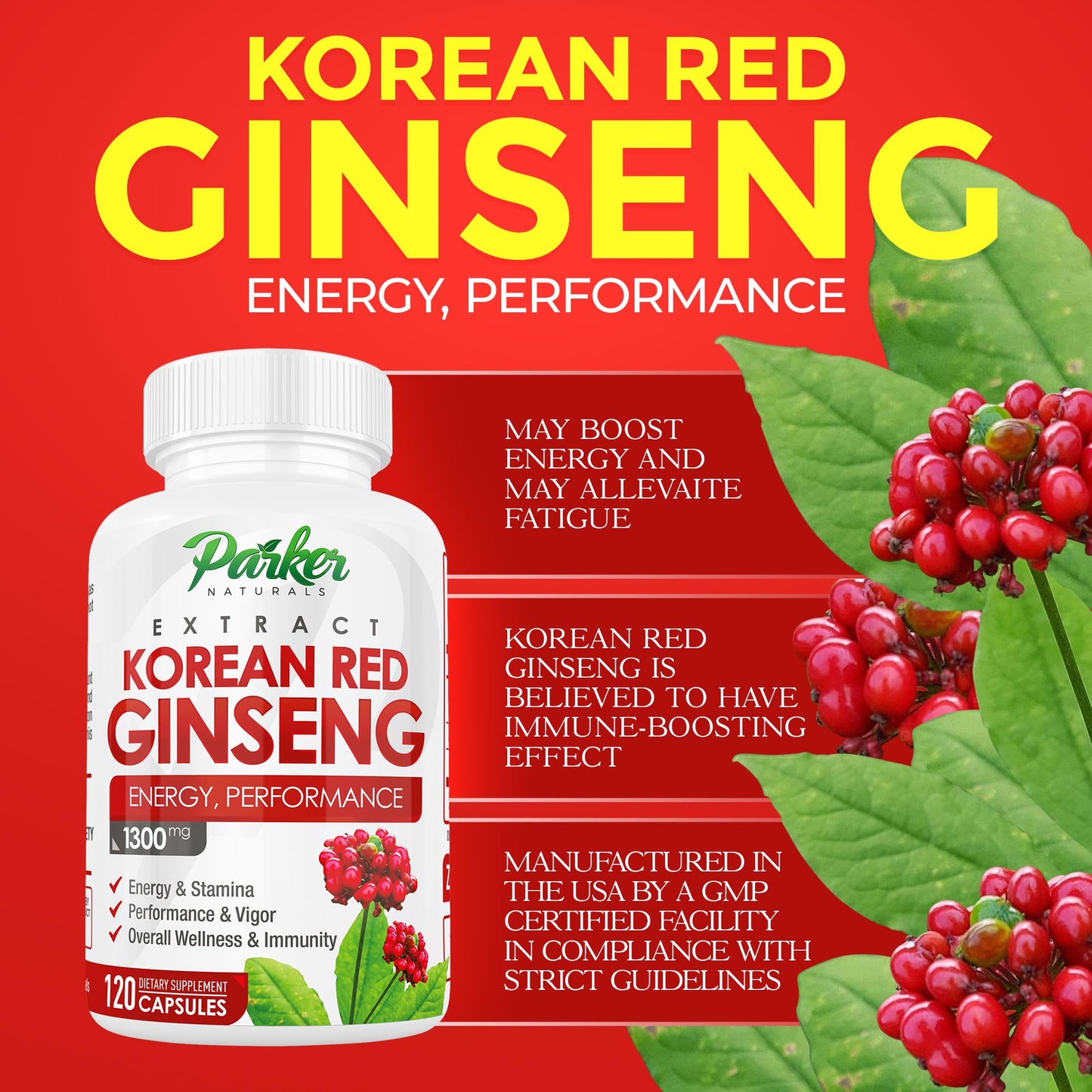 Parker Naturals Korean Red Ginseng Extract 1300mg with Ginger Root and Black Pepper, 20% Ginsenosides Red Panax Ginseng Supplement, Capsules, 120 Count