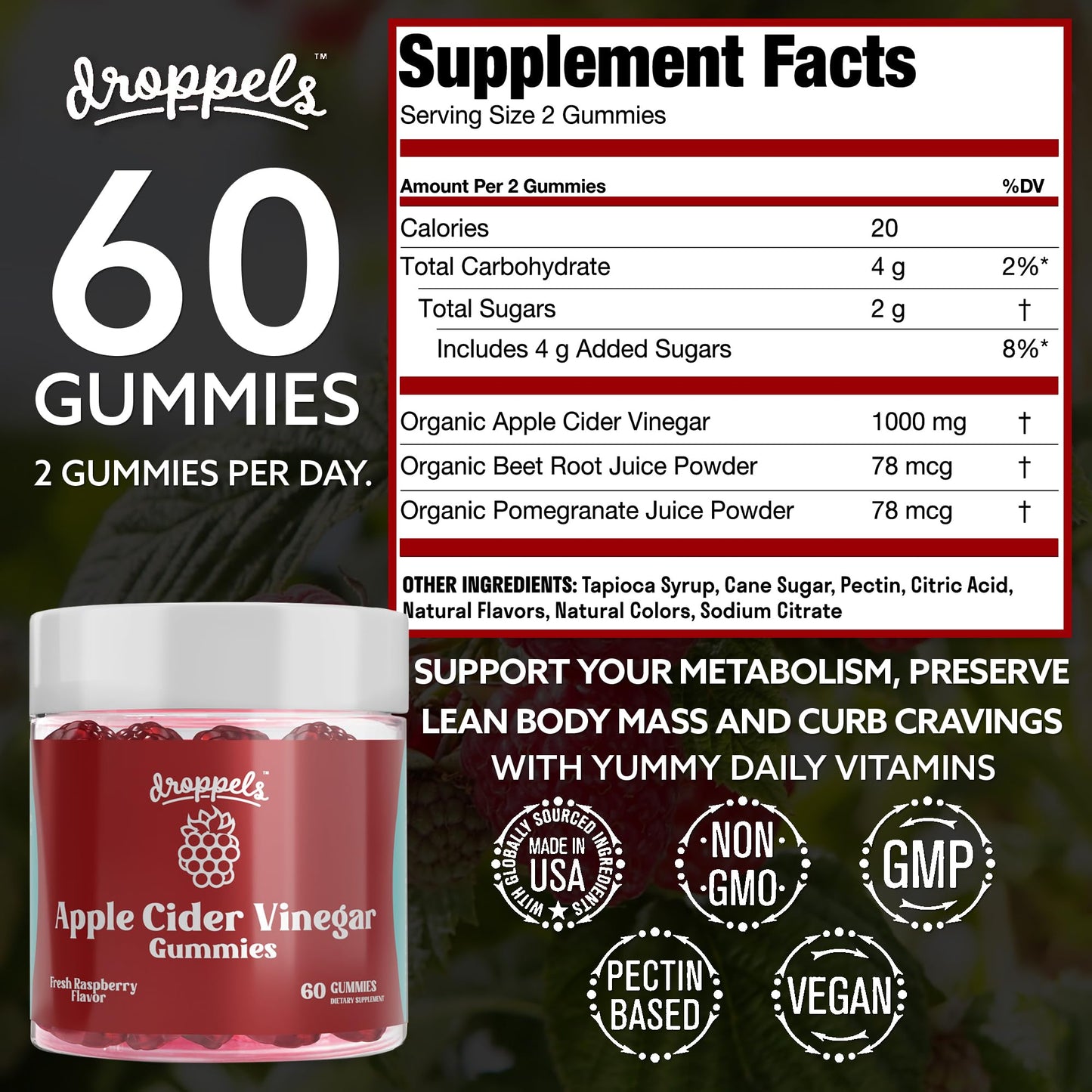 Droppels Apple Cider Vinegar Gummies 1000mg with Beet Root & Pomegranate, 60 Count