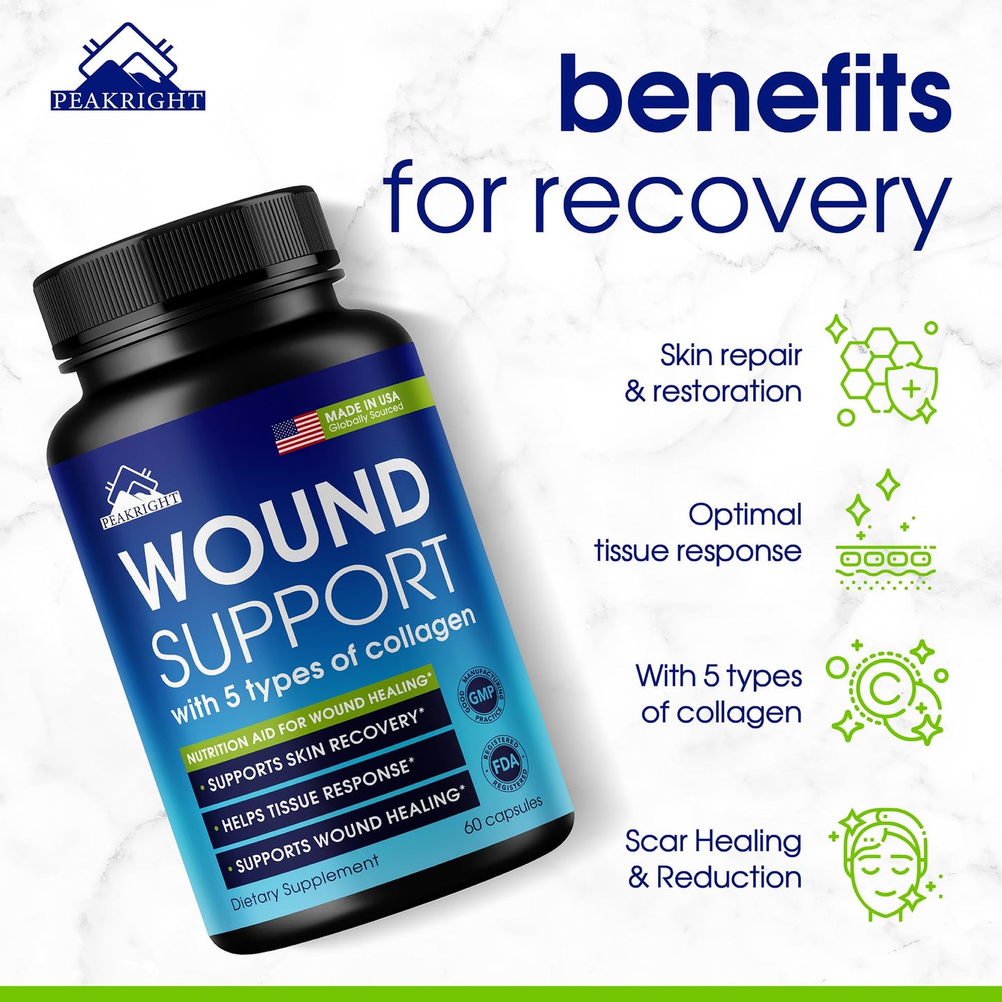Peakright Wound Healing Supplement Collagen Complex with Enzymes for Wound Support, Pre & Post Surgery Recovery - Capsules, 60 Count