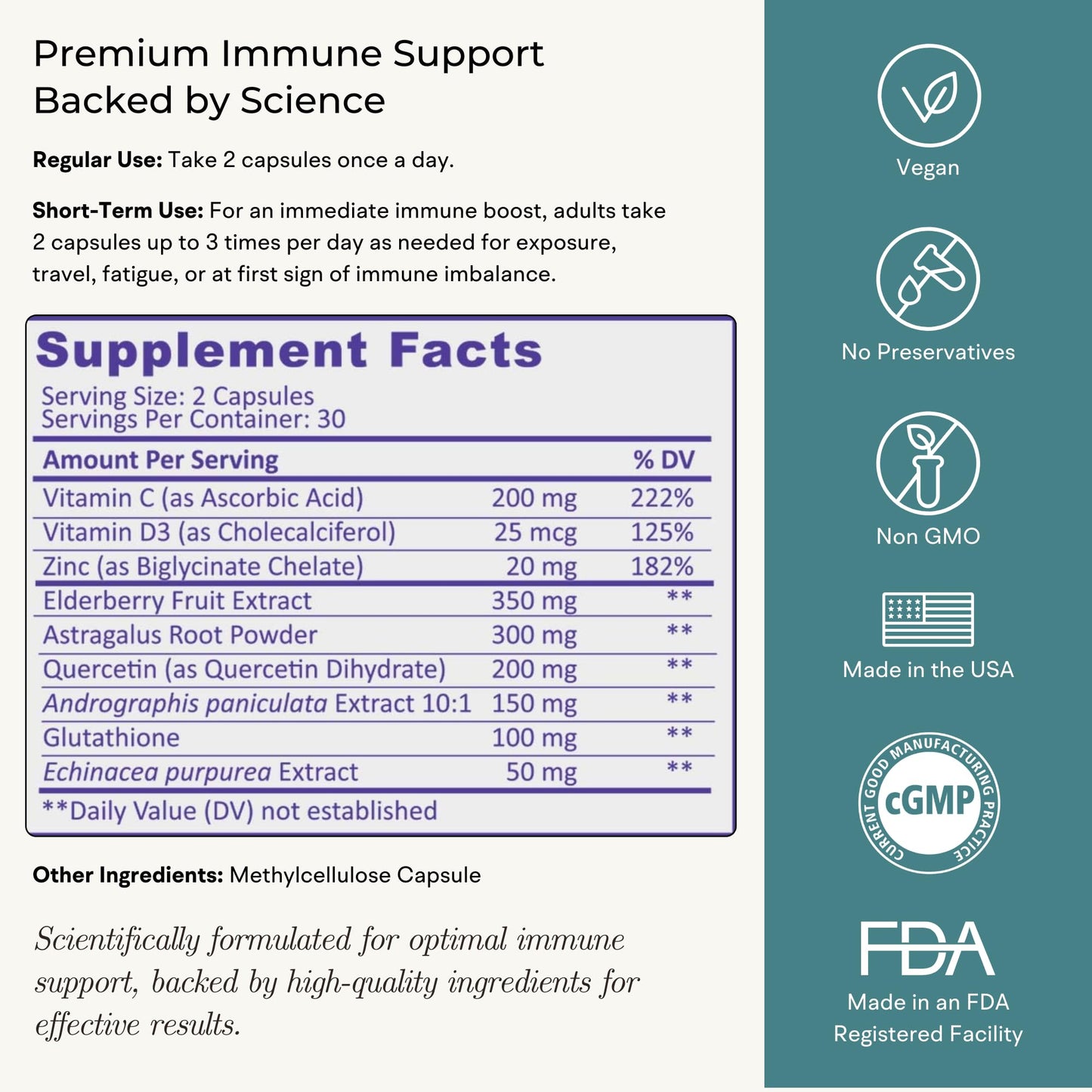 VitaminIQ Immune Support Supplement with Vitamin C and Zinc, Sambucus Elderberry, Vitamin D3, Glutathione, Echinacea 60 Capsules