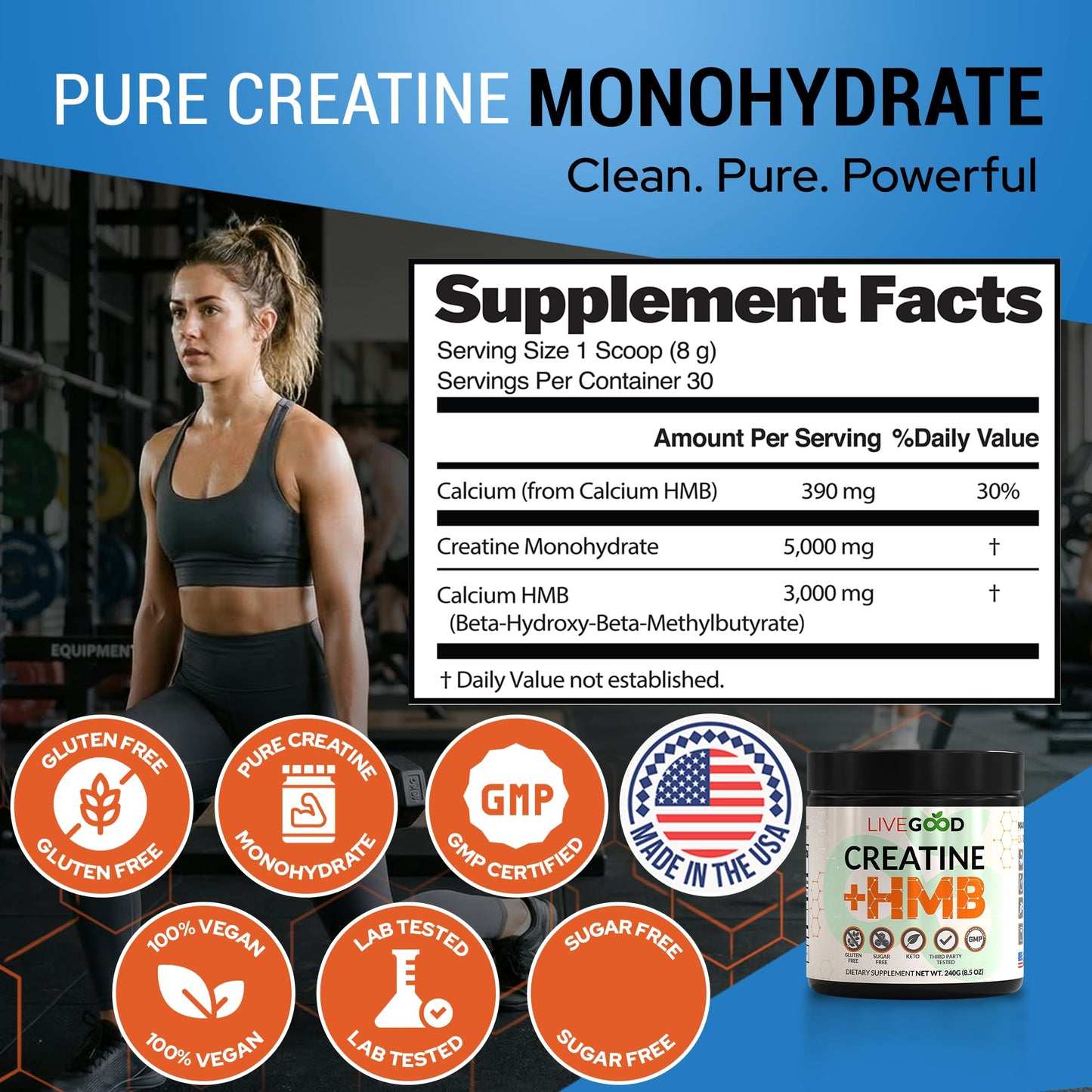 LIVEGOOD Creatine Monohydrate with HMB Powder, Unflavored, 8.5 oz