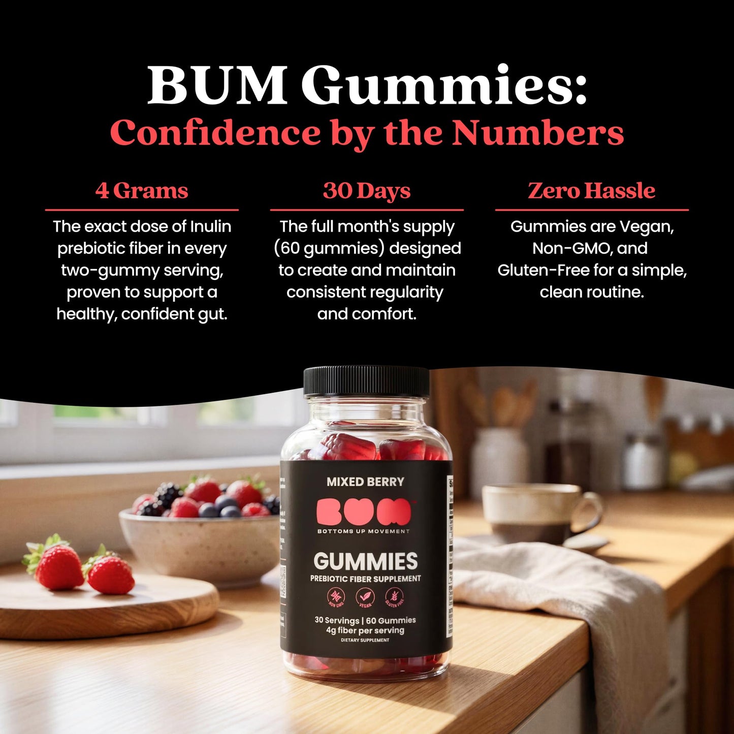 Bottoms Up Movement Bum Prebiotic Fiber Supplement for Men, Chicory Root Inulin Prebiotic Fiber Gummies, 60 Count