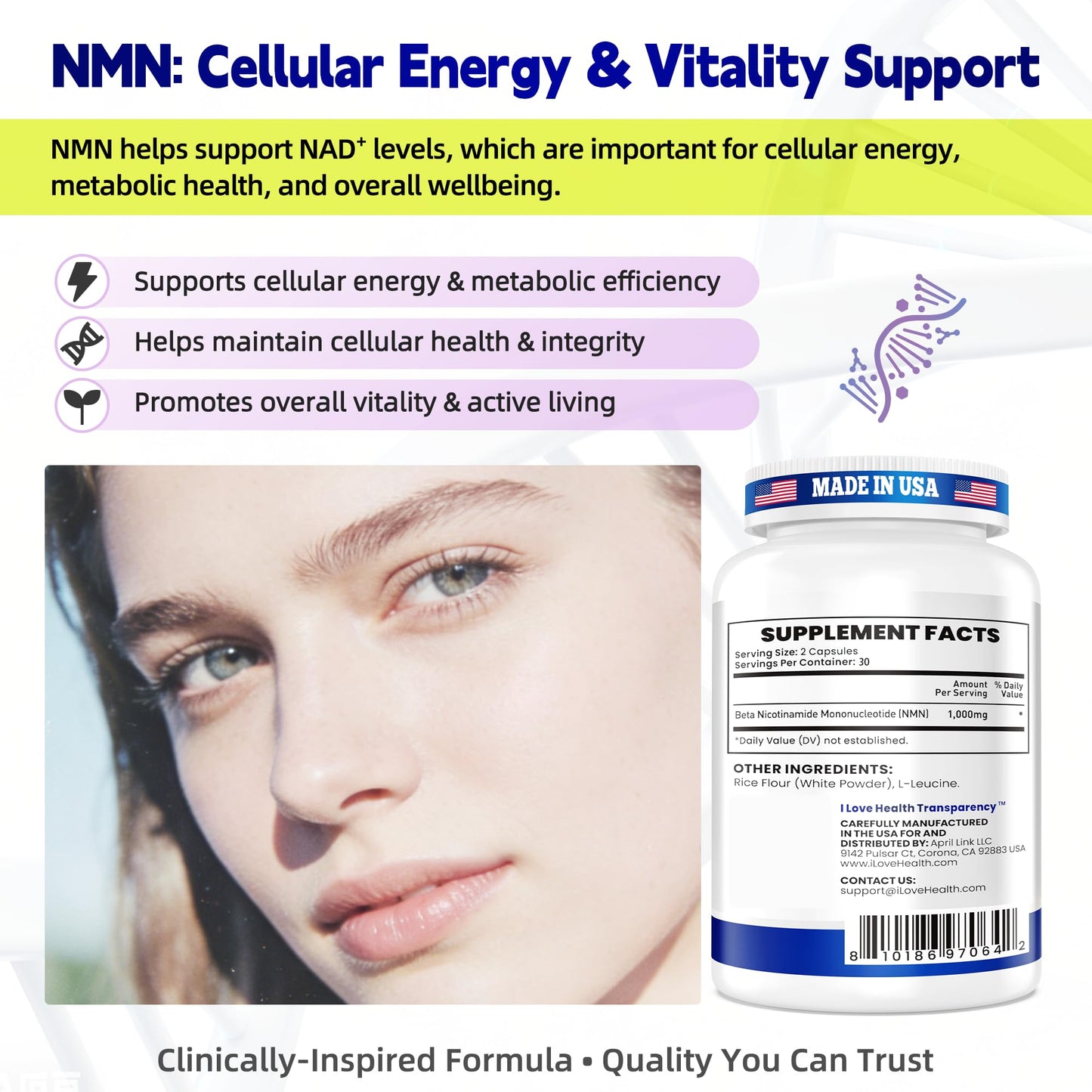 I LOVE HEALTH NMN 1000mg Nicotinamide Mononucleotide NAD+ Support, 60 Capsules