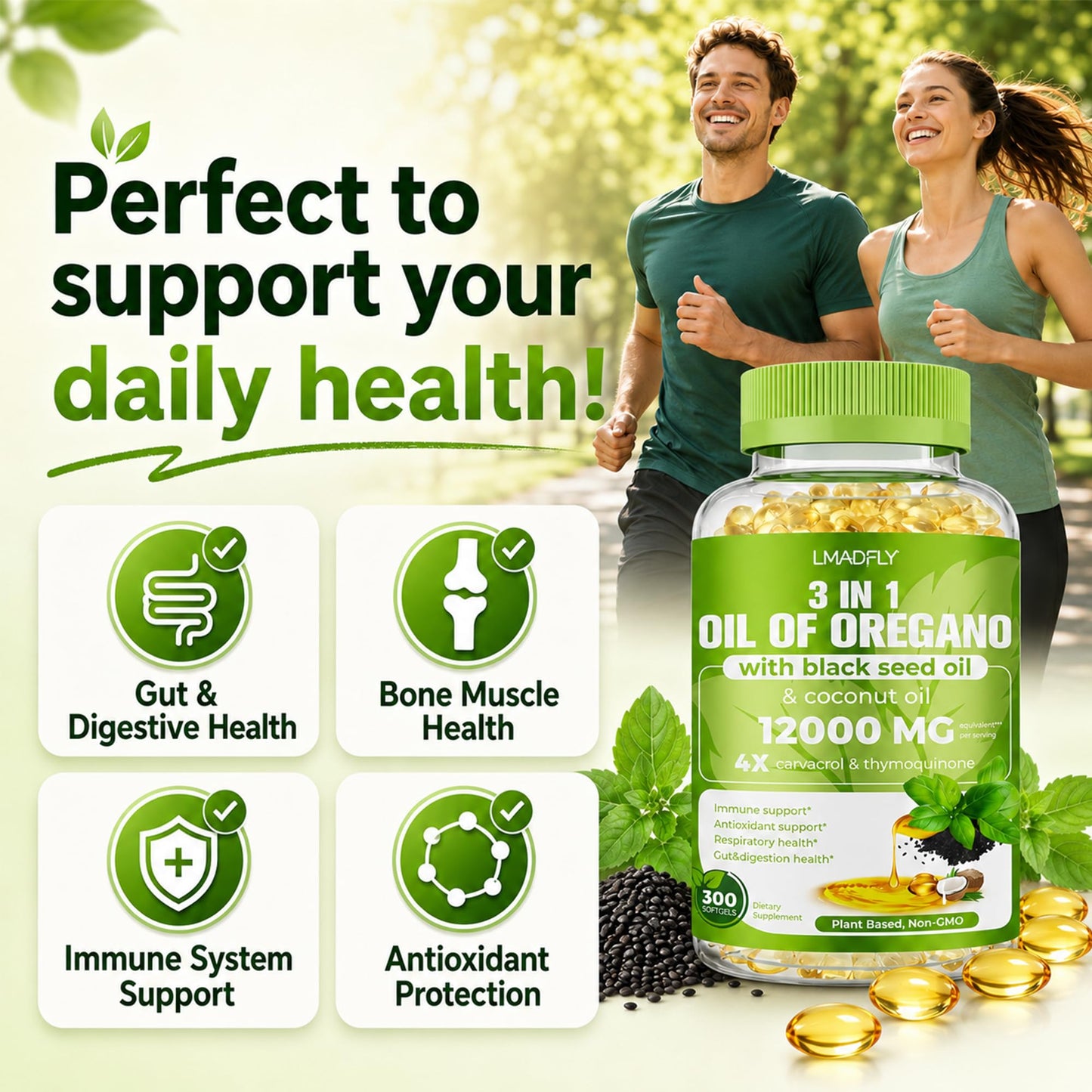 LMADFLY Oil of Oregano Softgels with Black Seed Oil & Coconut Oil, 3-in-1 Oregano Extract Supplement, Capsule, 300 Count