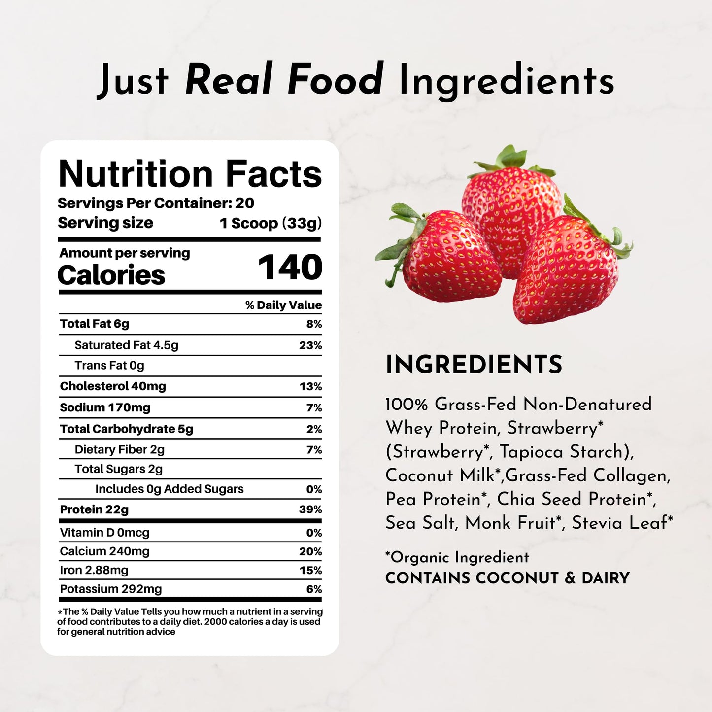 JUST INGREDIENTS Strawberry Cream Protein Powder - Grass-Fed Whey, 34.56 Ounce