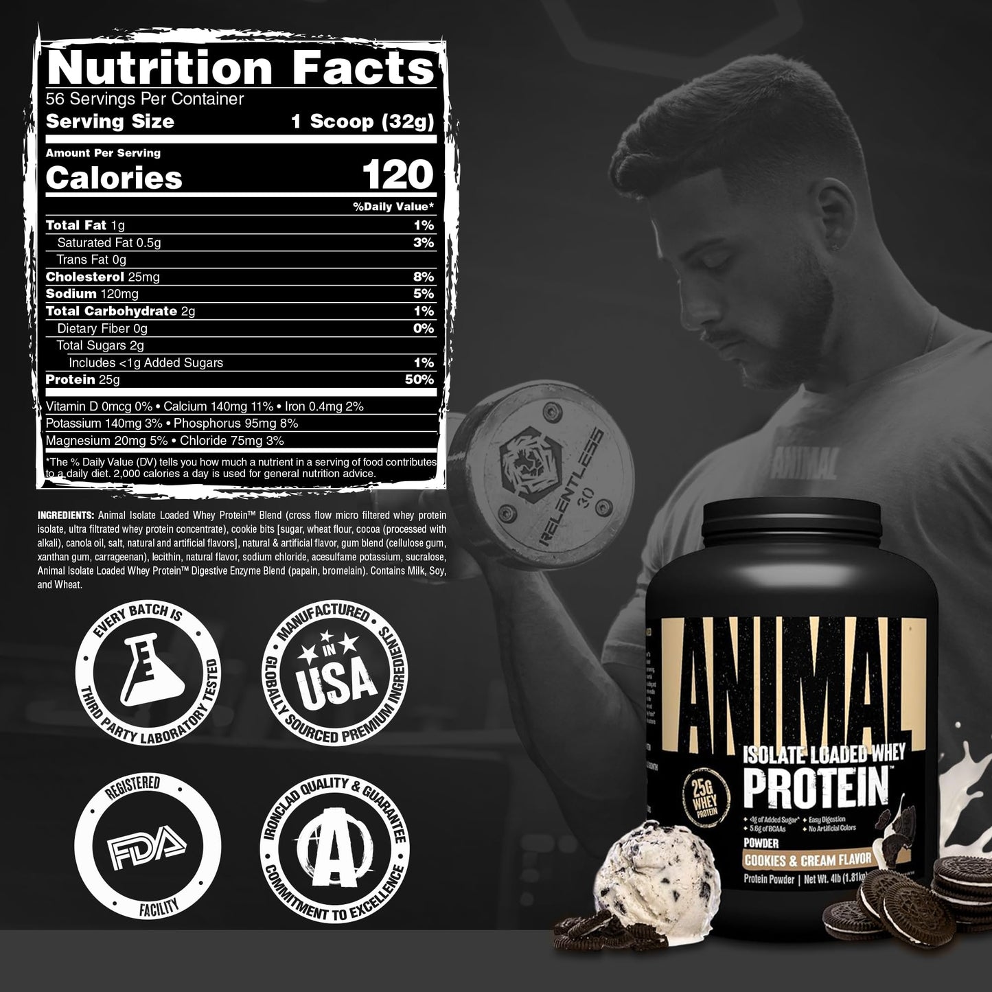 Animal Whey Isolate Protein Powder Cookies & Cream, 64 Servings