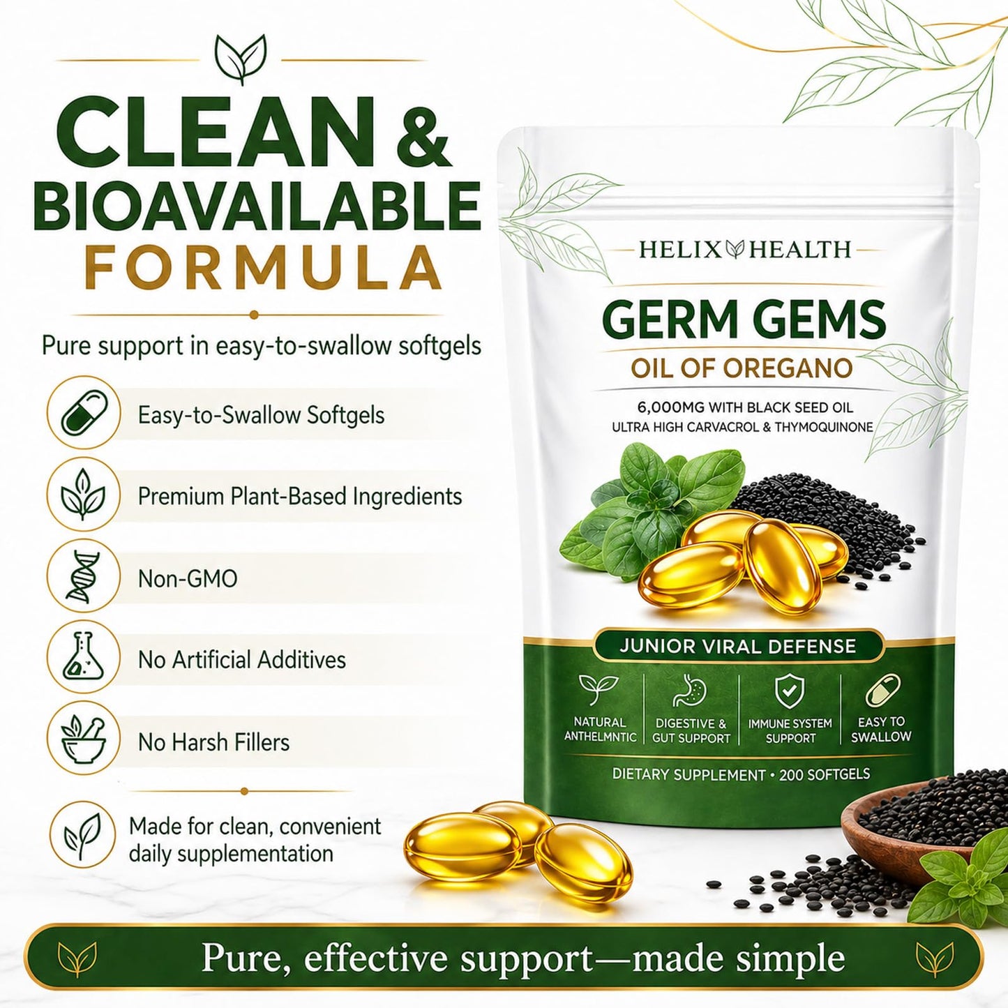 AuraNaturals Helix Health Germ Gems Oil of Oregano Capsule with Black Seed Oil, 4X Strength Carvacrol & Thymoquinone, Immune & Digestive Support, 2-in-1 Formula, Plant Based, Non-GMO, 200 Count